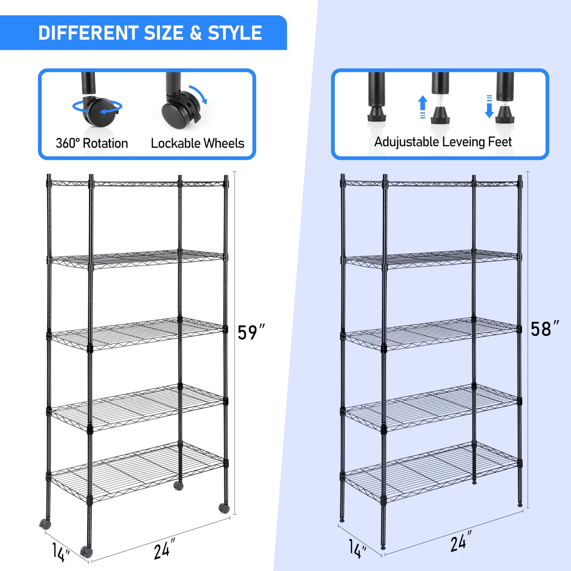 Heavy Duty 5 Tier Shelving Units Adjustable, Wire Shelf With 800 Lbs Capacity 160 Per Shelf , 24" D X 14" W X 59 "H, Black, 5 Levels, Storage Shelf With Wheels & Leveling Feet 5 Black Office Open