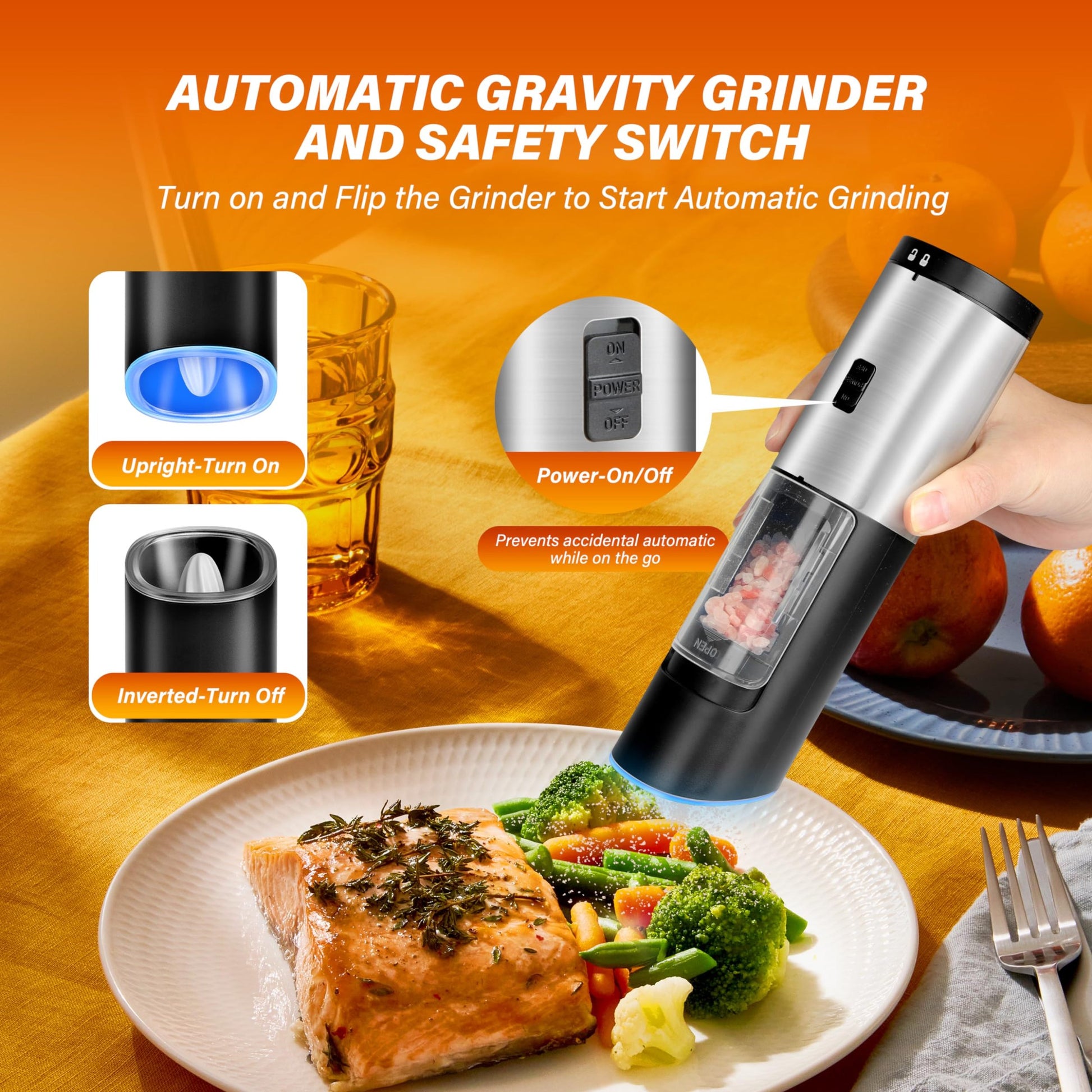 Gravity Electric Salt And Pepper Grinder Set, Adjustable Coarseness, Battery Powered With Led Light, One Hand Automatic Operation, Stainless Steel, Black Black Stainless Steel