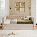 Twin Size Upholstered Daybed With Trundle For Guest Room, Small Bedroom, Study Room, Beige Box Spring Not Required Twin Beige Wood Bedroom Traditional Daybeds Linen Upholstered