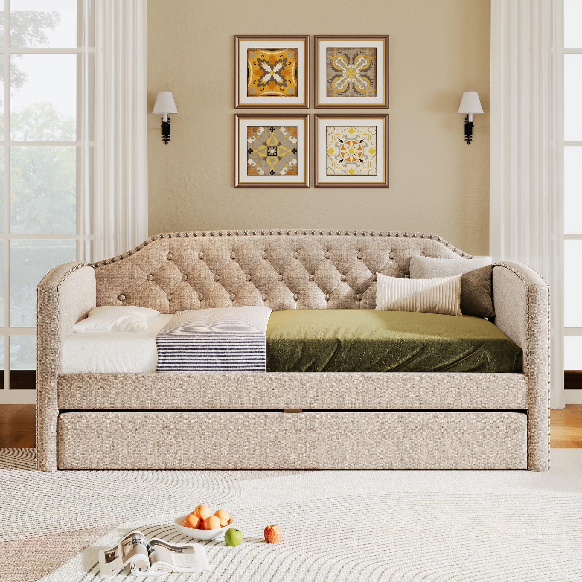 Twin Size Upholstered Daybed With Trundle For Guest Room, Small Bedroom, Study Room, Beige Box Spring Not Required Twin Beige Wood Bedroom Traditional Daybeds Linen Upholstered