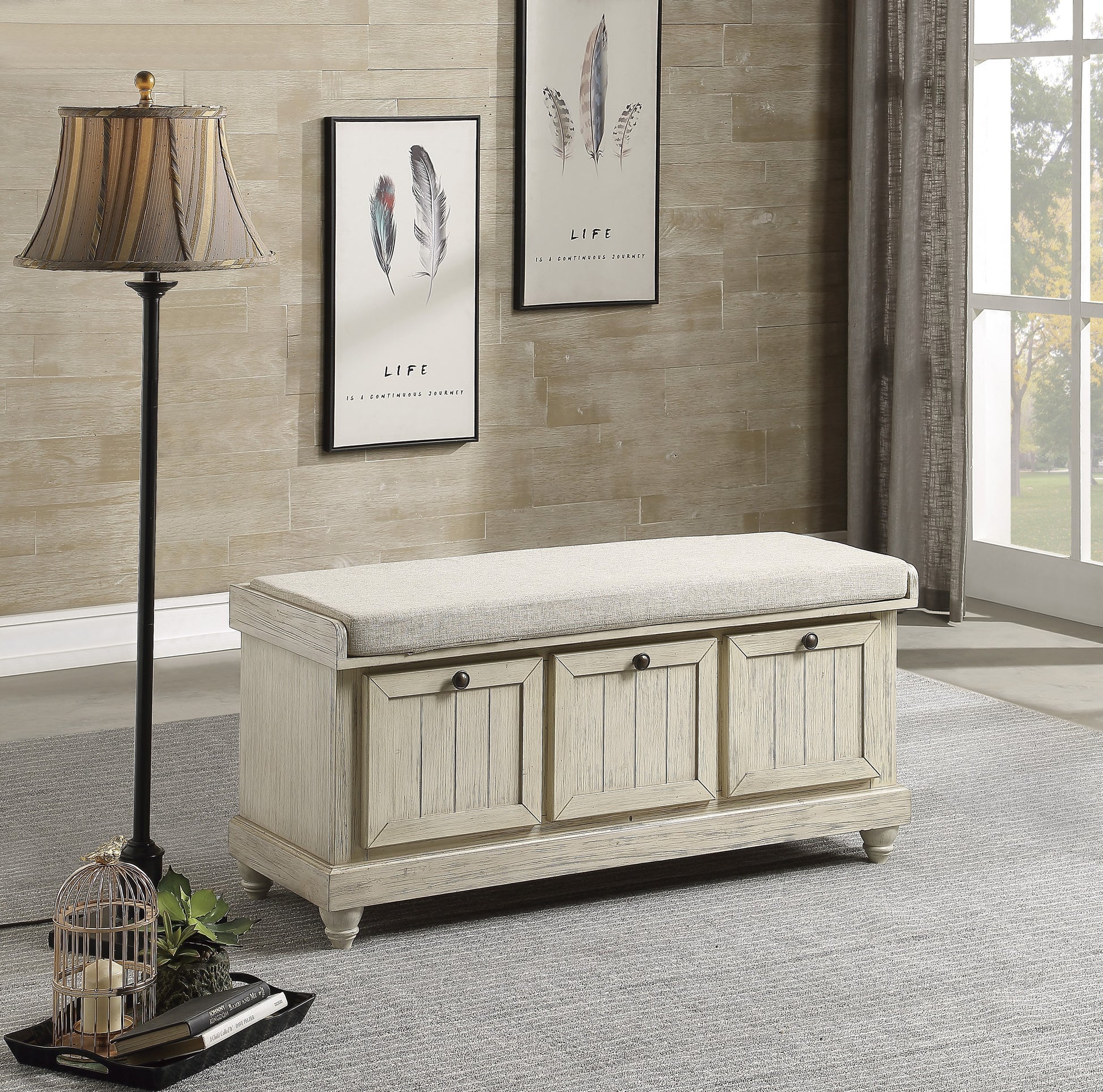 1Pc Durable Storage Bench White Finish Foam Cushioned Seat Beige Upholstery Flip Top Seat Solid Wood Home Furniture Distressed Finish White Polyester Primary Living Space Beige Flip Top Solid Wood