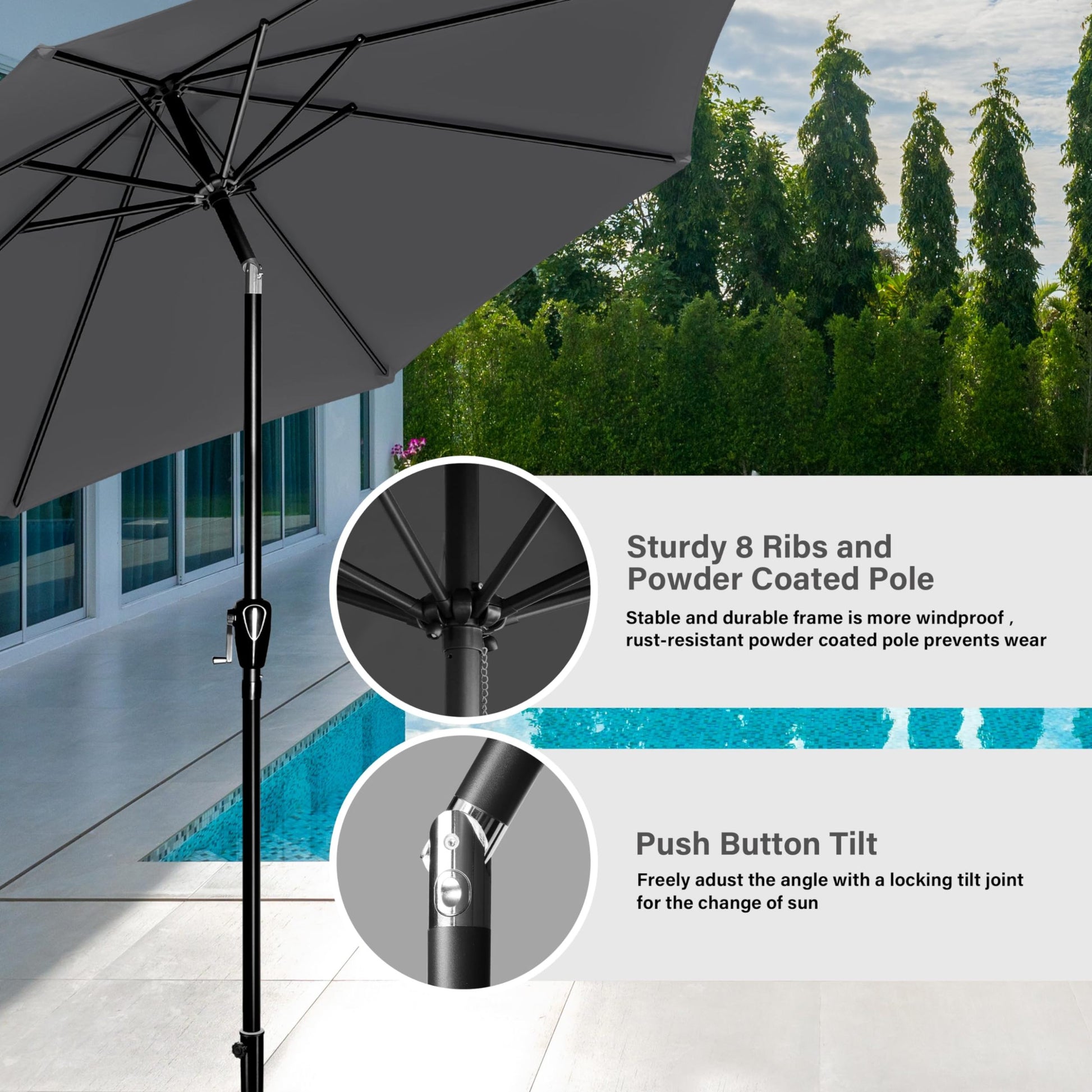 Patio Umbrella Outdoor Table Market Yard Umbrella Grey Manual Garden & Outdoor Uv Resistant Umbrellas Stainless Steel