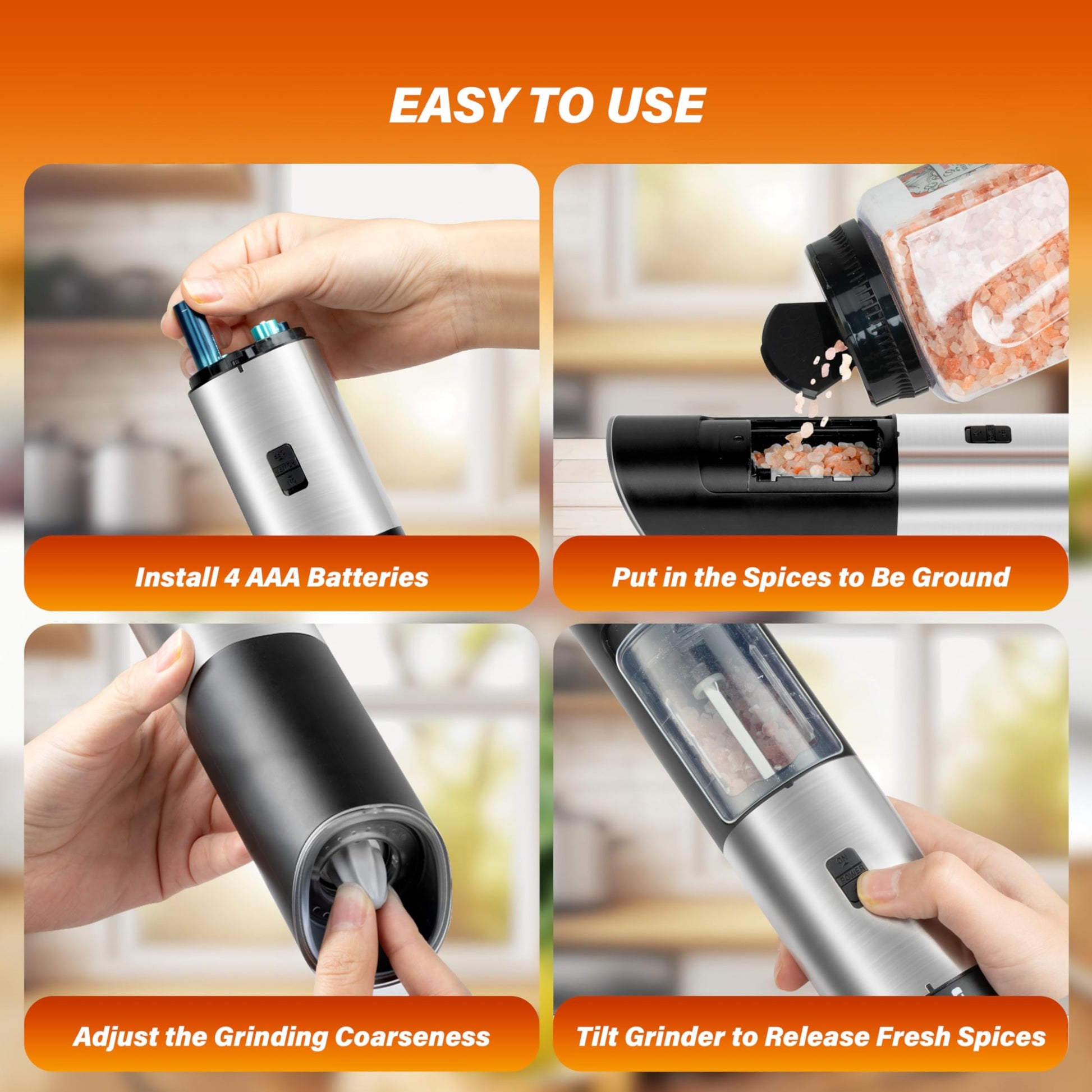 Gravity Electric Salt And Pepper Grinder Set, Adjustable Coarseness, Battery Powered With Led Light, One Hand Automatic Operation, Stainless Steel, Black Black Stainless Steel