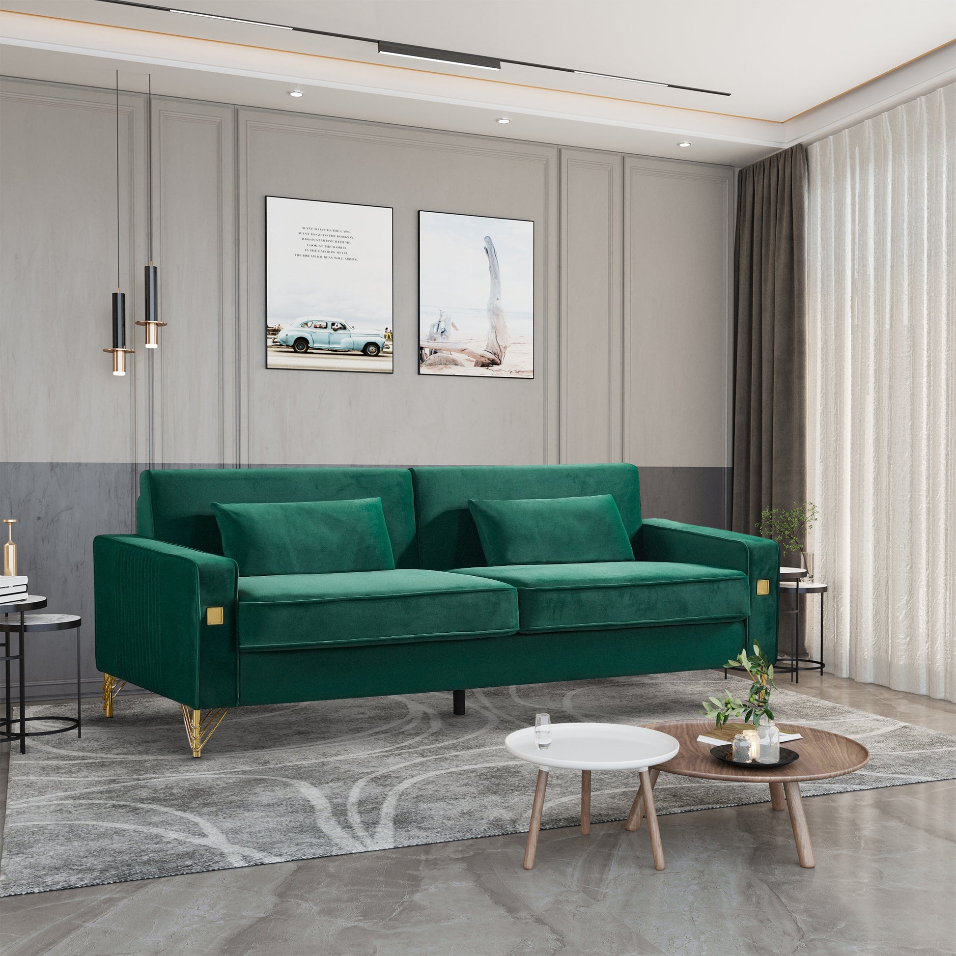 85.44" Modern Velvet Couch With Gold Legs,Upholstered Sofa For Living Room Green Wood Cushion Back Modern Eucalyptus Square Arms Velvet 2 Seat