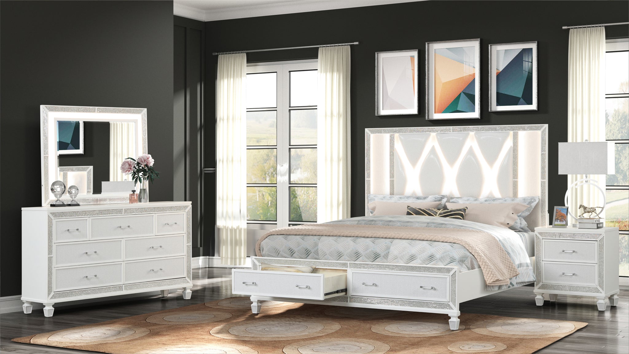 Crystal King 4 Pc Storage Wood Bedroom Set Finished In White Box Spring Not Required King White Wood 4 Piece Set Bedroom Bed Included,Dresser Included,Mirror Included,Nightstand Included Contemporary,Modern Wood