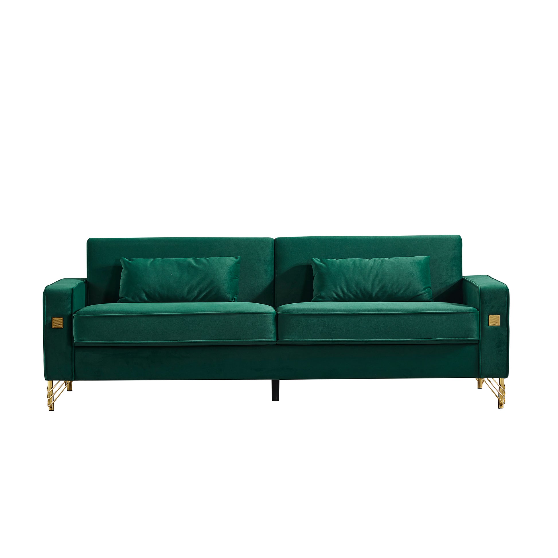 85.44" Modern Velvet Couch With Gold Legs,Upholstered Sofa For Living Room Green Wood Cushion Back Modern Eucalyptus Square Arms Velvet 2 Seat