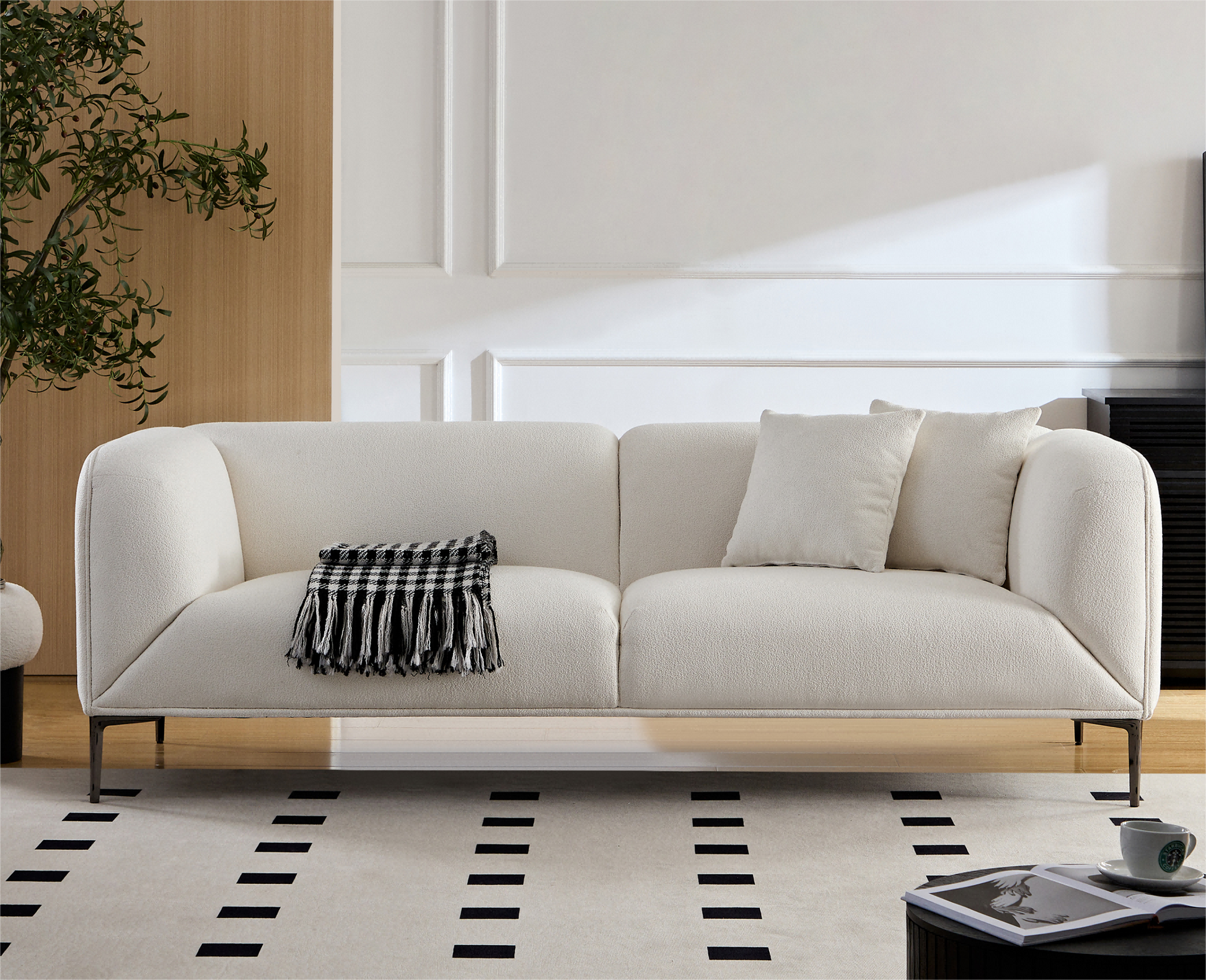Wks2 White Sofa, Equipped With 2 Throw Pillows, Can Be Placed In The Studio, Living Room, Attic Multiple Scenes, Size 89.37* 35.43* Height 28.74 Inches White Fabric 3 Seat
