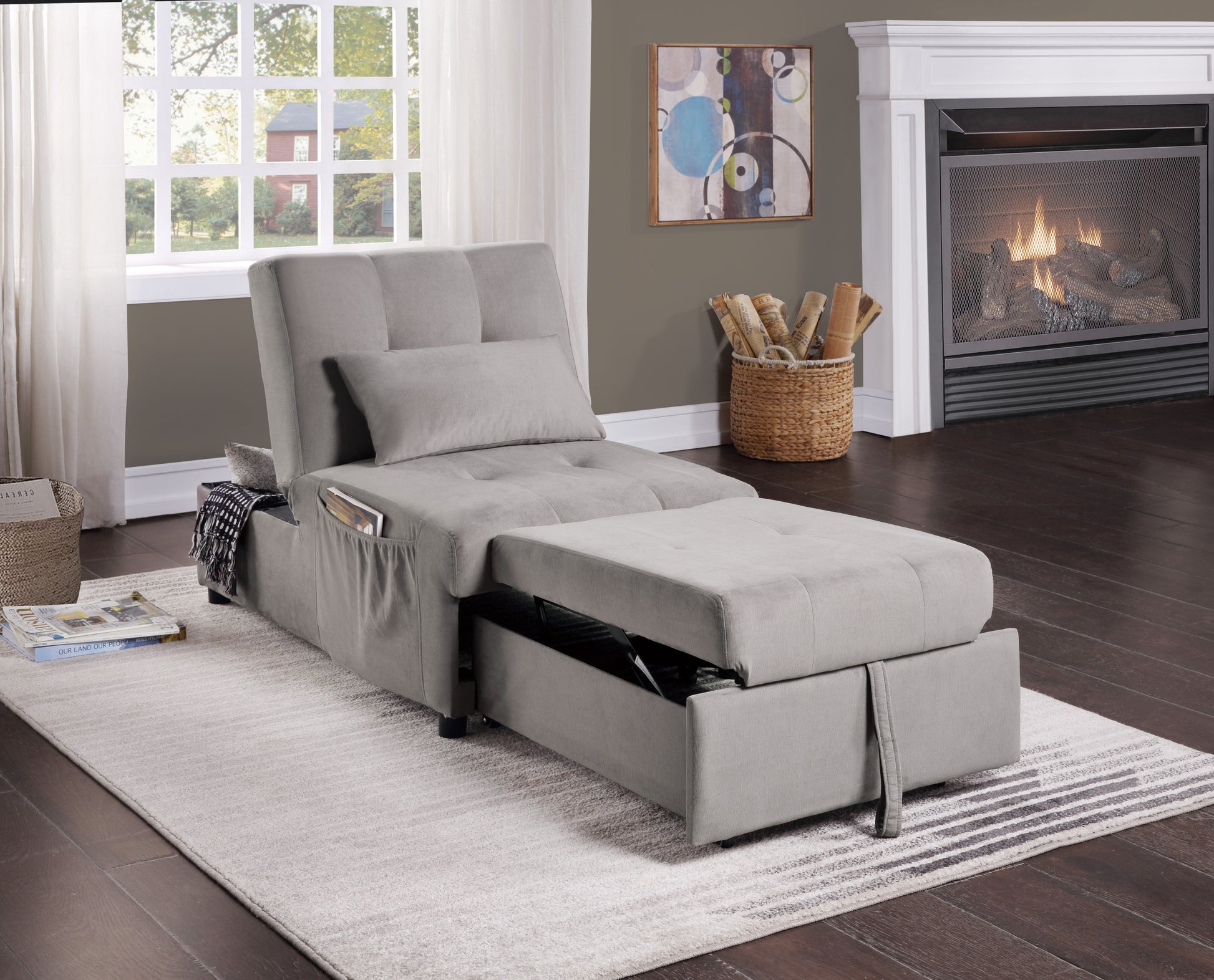 Modern Lift Top Storage Bench With Pull Out Bed 1Pc Brownish Gray Velvet Tufted Solid Wood Furniture Convertible Chair Brown Grey Primary Living Space Velvet Contemporary,Modern Flip Top Solid Wood