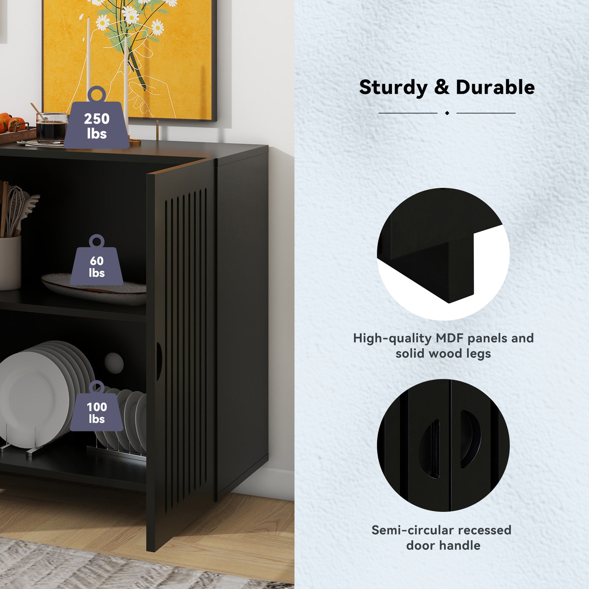 Modern Style Sideboard With Superior Storage Space, Hollow Door Design And 2 Adjustable Shelves For Living Room And Dining Room Black Black Dining Room Adjustabel Shelves Mdf