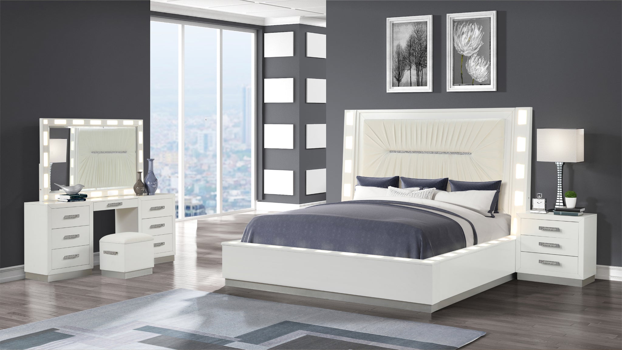 Coco Queen 4 Pc Vanity Led Bedroom Set Made With Wood In Milky White Box Spring Not Required Queen White Wood 4 Piece Set Bedroom Bed Included,Dresser Included,Mirror Included,Nightstand Included Contemporary,Modern Solid Wood Mdf Polyester Built In