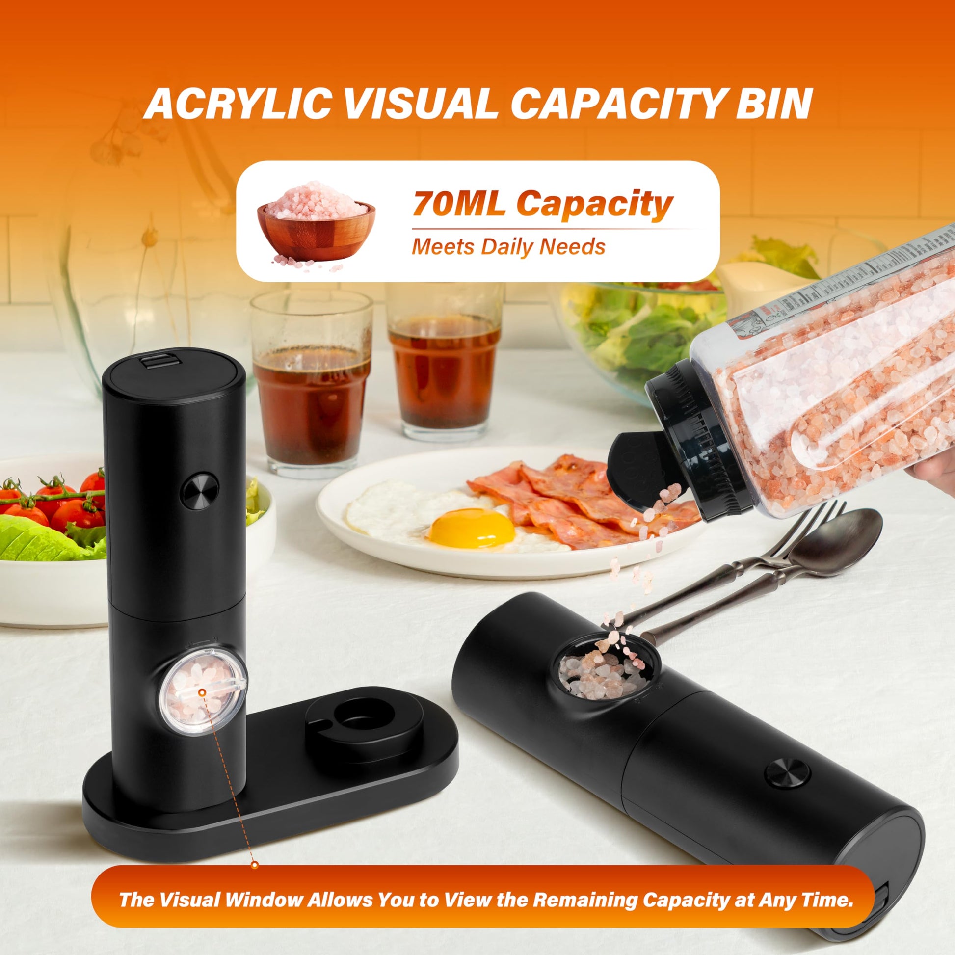 Electric Salt And Pepper Grinder Set, One Hand Adjustable Coarseness, Battery Powered With Stand, Seasoning Tools For Kitchen, Dining Or Gifts, Black Black Plastic