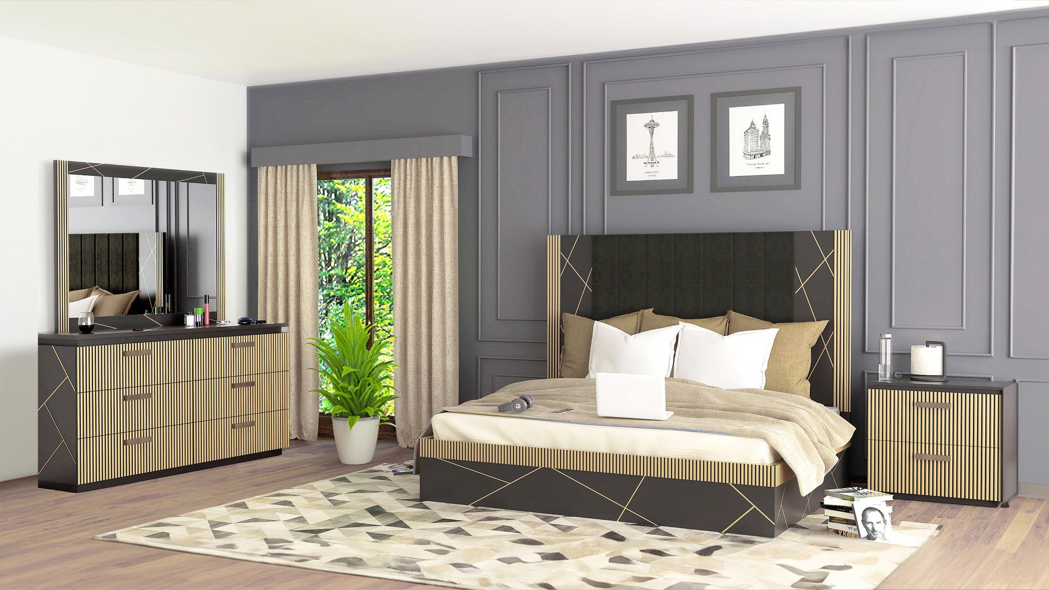 Allure Modern Style 4Pc Queen Bedroom Set Made With Mango Wood And Finished With Brass Metal Box Spring Not Required Queen Black Wood 4 Piece Set Bedroom Bed Included,Dresser Included,Mirror Included,Nightstand Included Contemporary,Modern Solid Wood Mdf