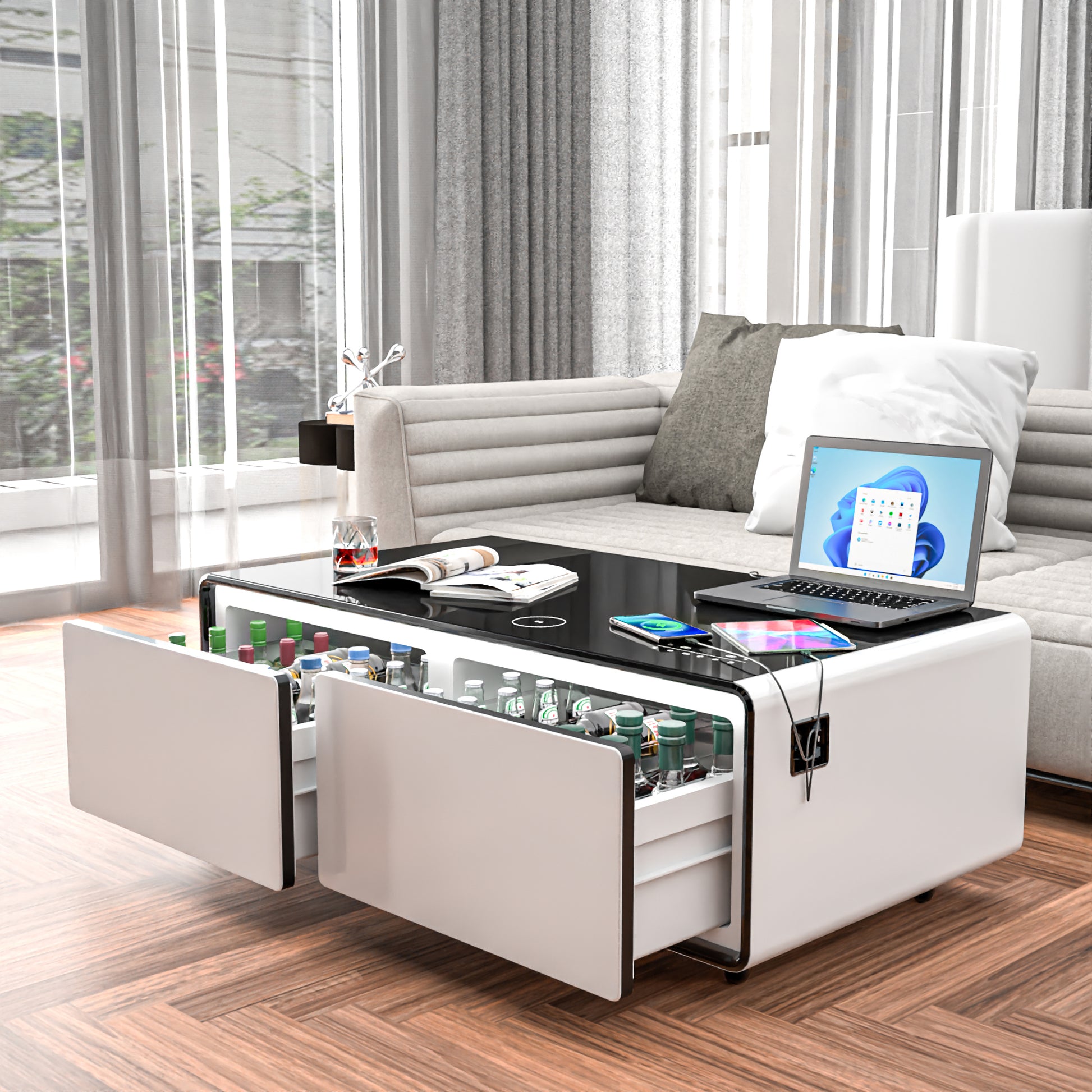 Modern Smart Coffee Table With Built In Fridge, Bluetooth Speaker, Wireless Charging Module, Touch Control Panel, Power Socket, Usb Interface, Outlet Protection, Atmosphere Light, White White Black Built In Outlets Or Usb Primary Living Space