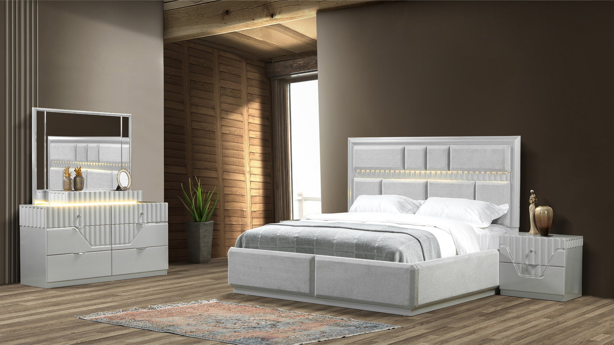 Da Vinci Modern Style 4 Pc King Bedroom Set Made With Wood In Gray Box Spring Not Required King Gray Wood 4 Piece Set Bedroom Bed Included,Dresser Included,Mirror Included,Nightstand Included Contemporary,Modern Solid Wood Mdf Built In Lighting Wood