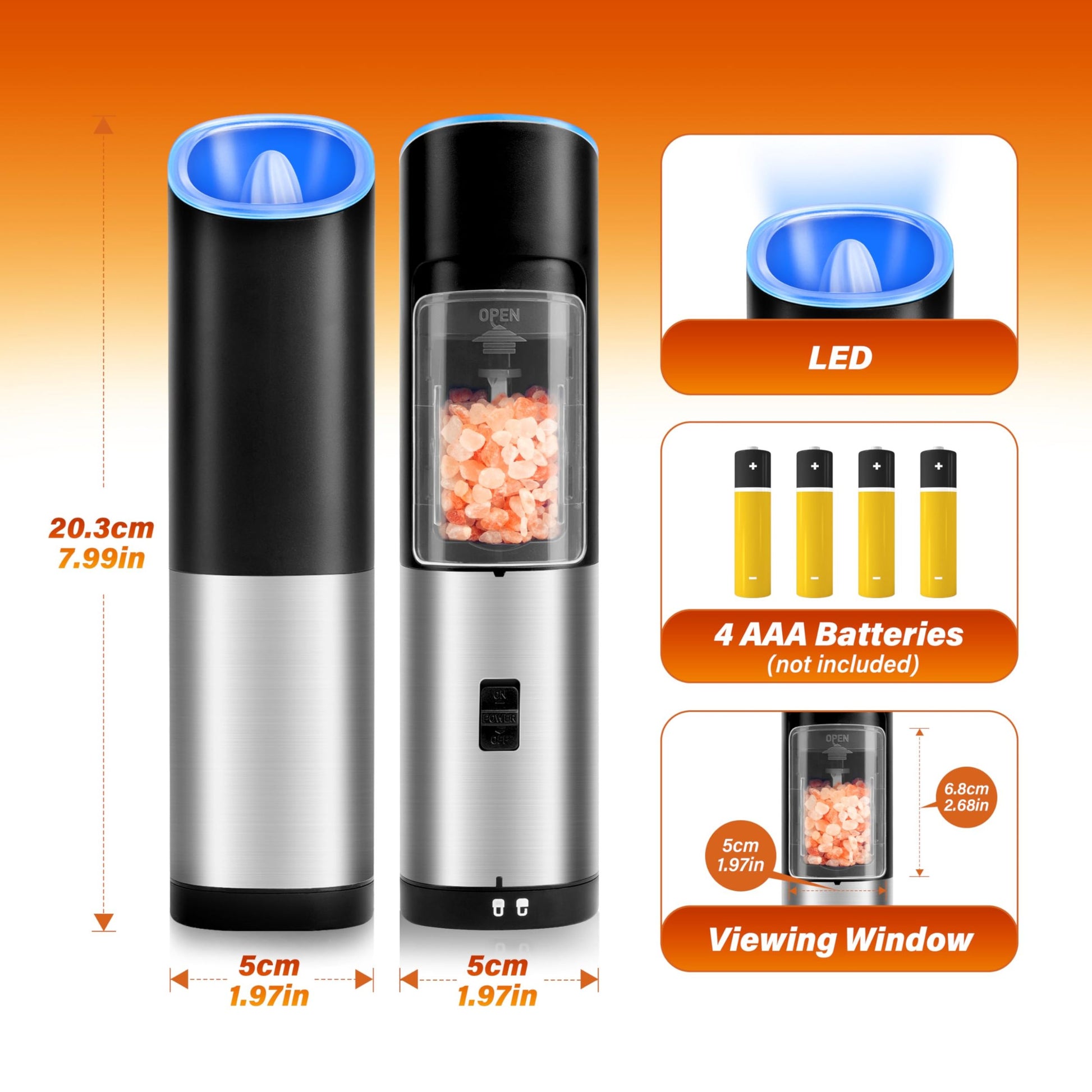 Gravity Electric Salt And Pepper Grinder Set, Adjustable Coarseness, Battery Powered With Led Light, One Hand Automatic Operation, Stainless Steel, Black Black Stainless Steel