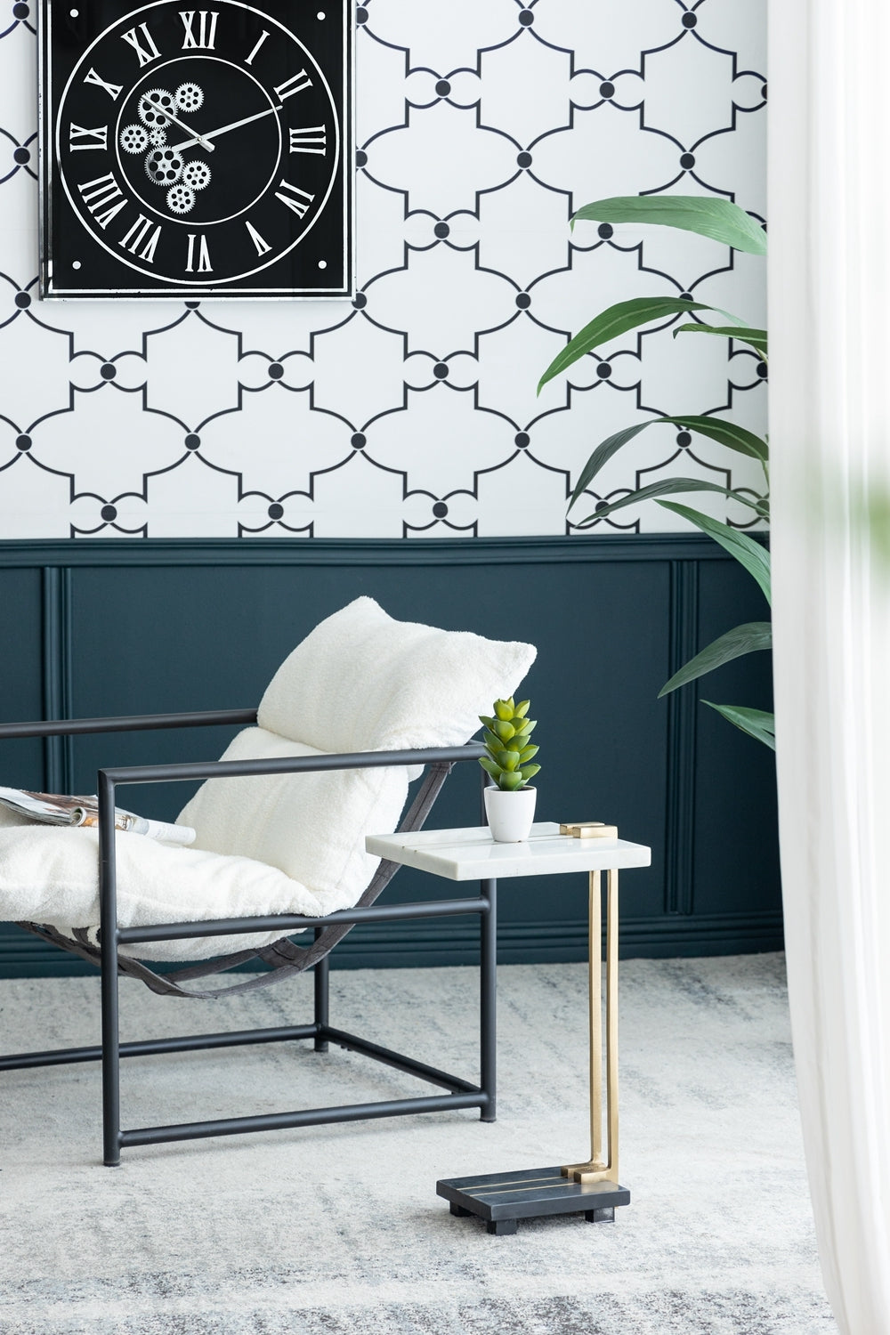 12.5X12X22" Aluminum And Marble C Shaped Side Table, White Gold Black, Artistic Accent Table For Living Room Entryway Bedroom Gold Primary Living Space Art Deco,Luxury,Modern Marble Metal