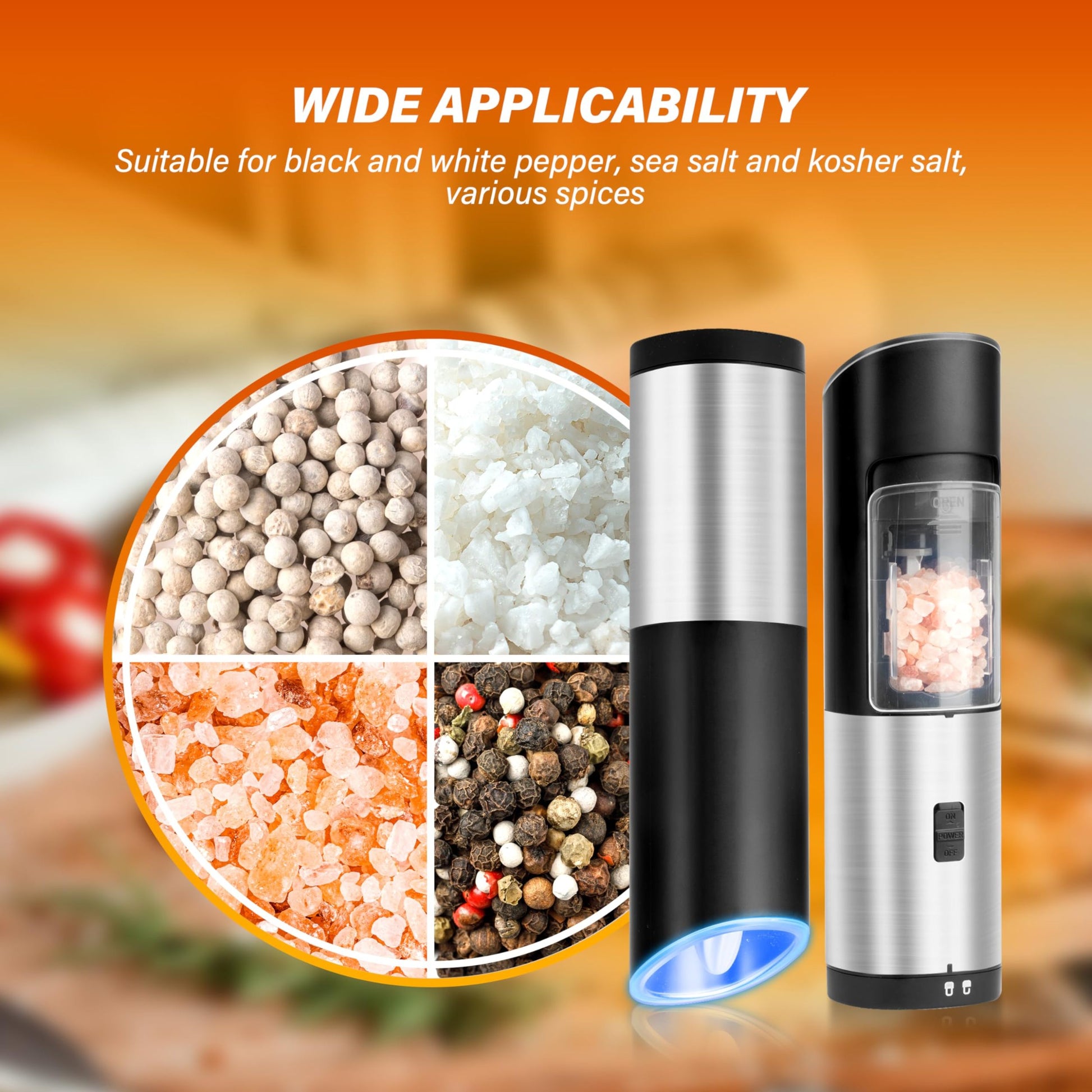 Gravity Electric Salt And Pepper Grinder Set, Adjustable Coarseness, Battery Powered With Led Light, One Hand Automatic Operation, Stainless Steel, Black Black Stainless Steel