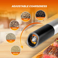 Gravity Electric Salt And Pepper Grinder Set, Adjustable Coarseness, Battery Powered With Led Light, One Hand Automatic Operation, Stainless Steel, Black Black Stainless Steel