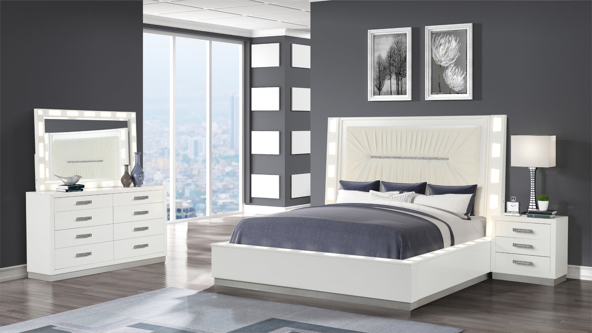 Coco Queen 4 Pc Led Bedroom Set Made With Wood In Milky White Box Spring Not Required Queen White Wood 4 Piece Set Bedroom Bed Included,Dresser Included,Mirror Included,Nightstand Included Contemporary,Modern Solid Wood Mdf Built In Lighting Wood