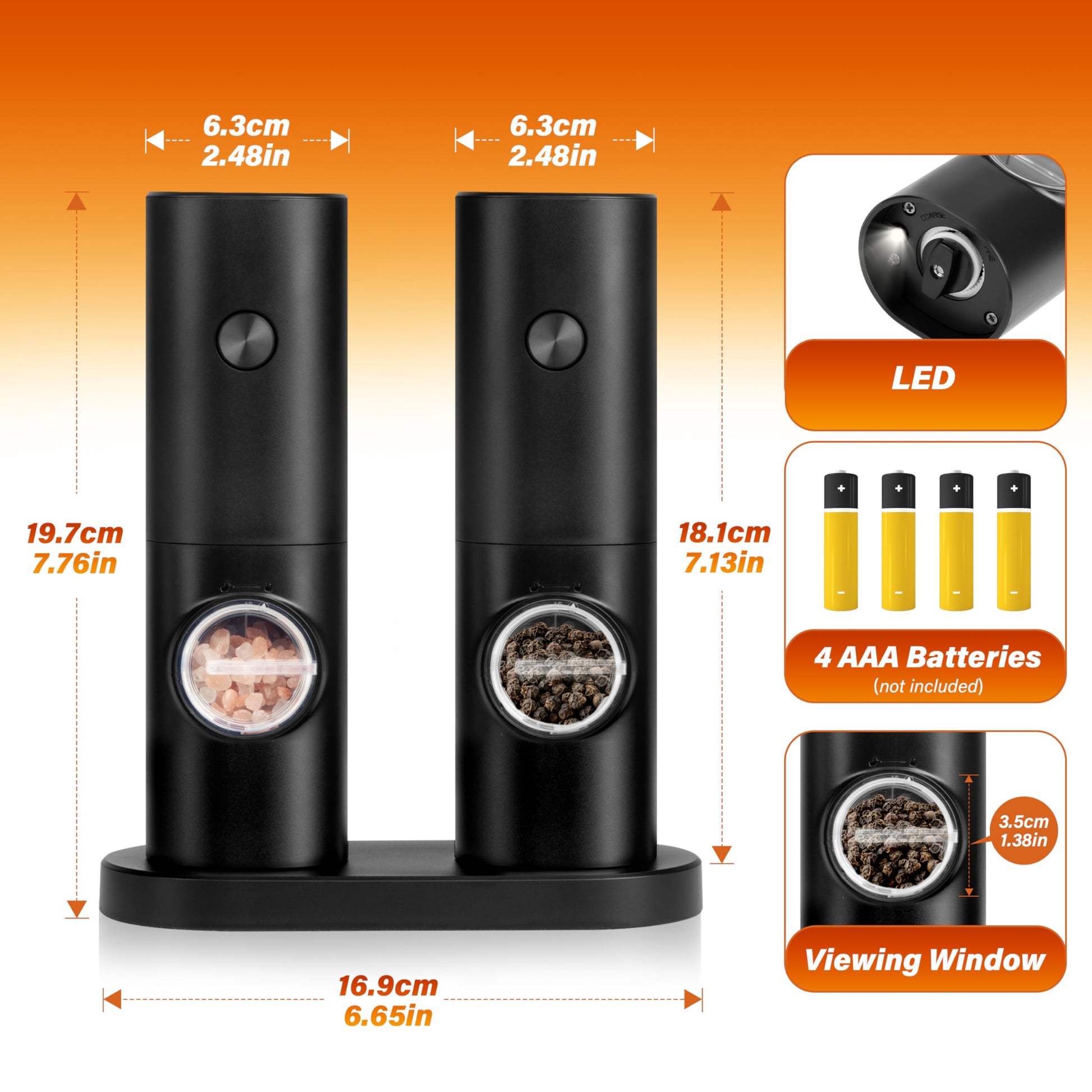 Electric Salt And Pepper Grinder Set, One Hand Adjustable Coarseness, Battery Powered With Stand, Seasoning Tools For Kitchen, Dining Or Gifts, Black Black Plastic