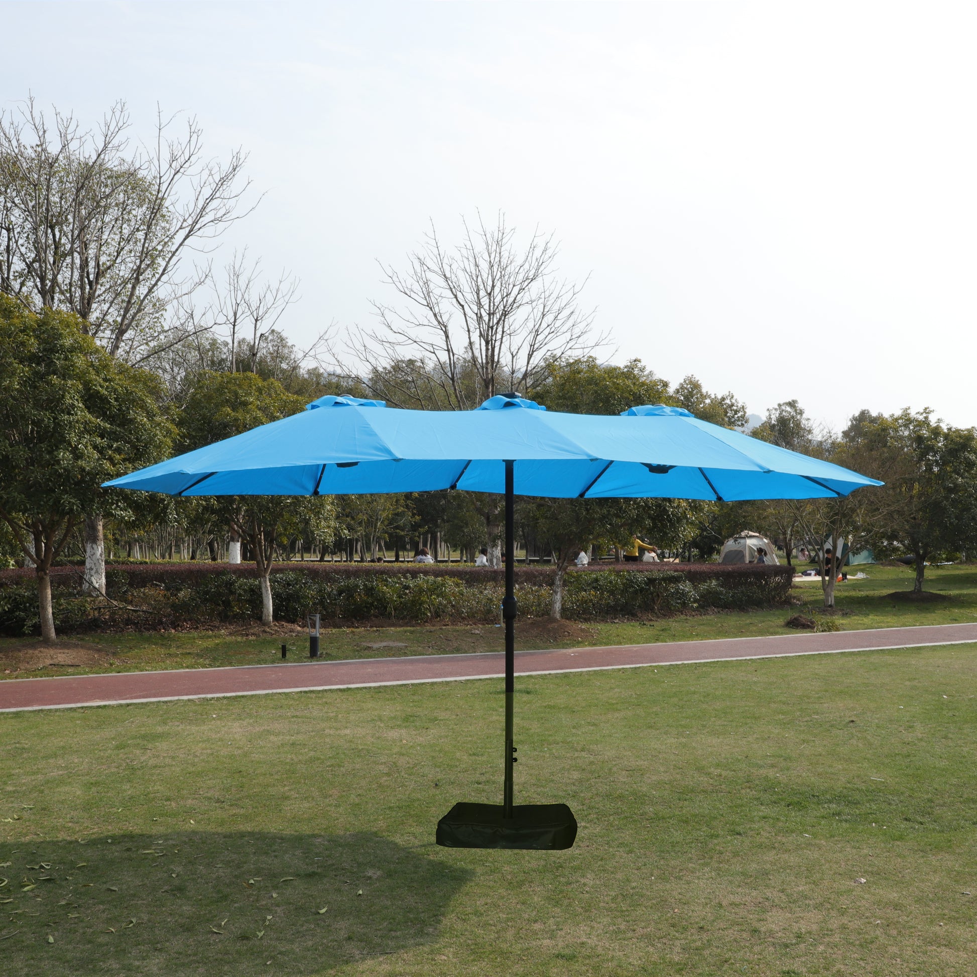 15X9Ft Large Double Sided Rectangular Outdoor Twin Patio Market Umbrella With Light And Base Blue Blue Umbrellas Metal