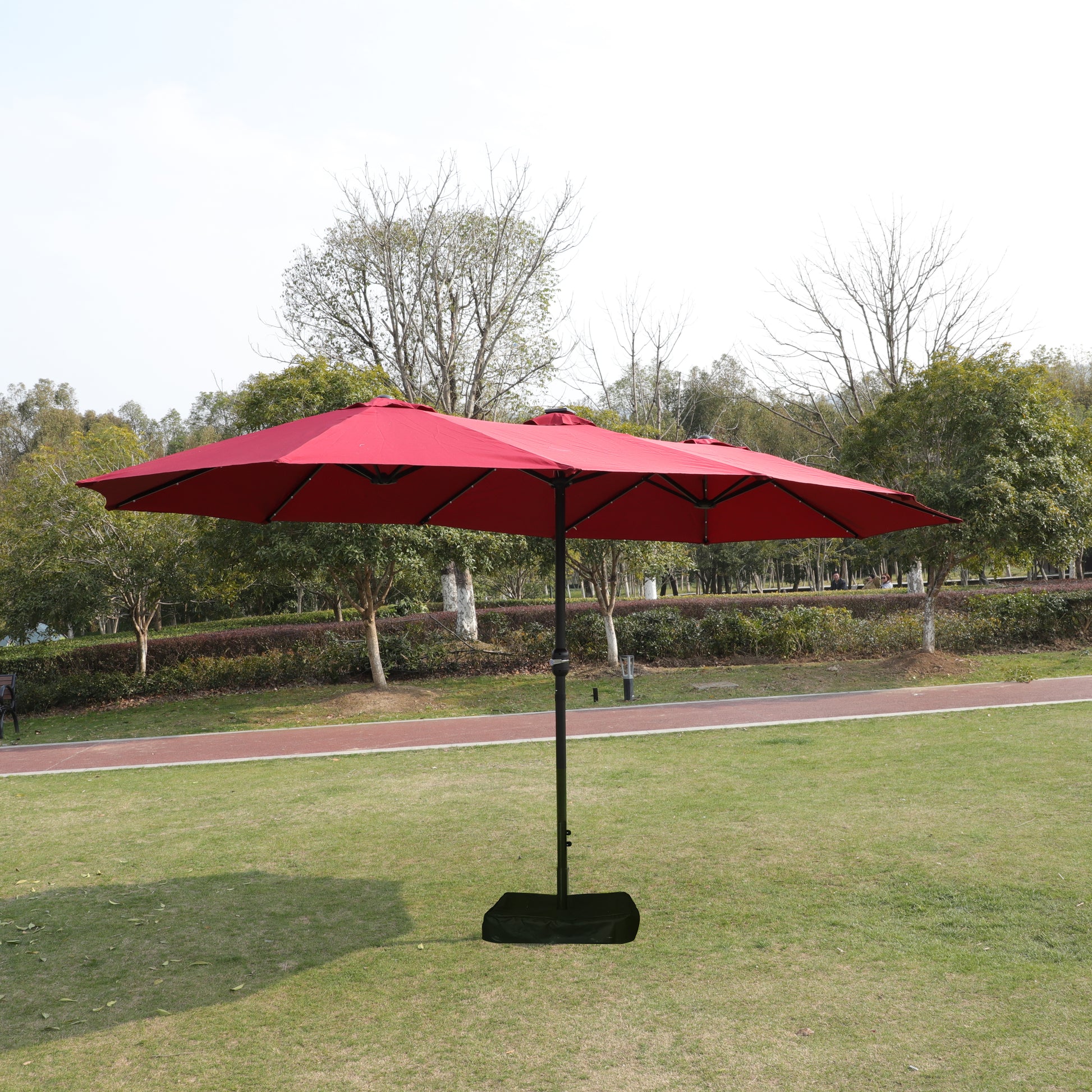 15X9Ft Large Double Sided Rectangular Outdoor Twin Patio Market Umbrella With Light And Base Red Red Metal