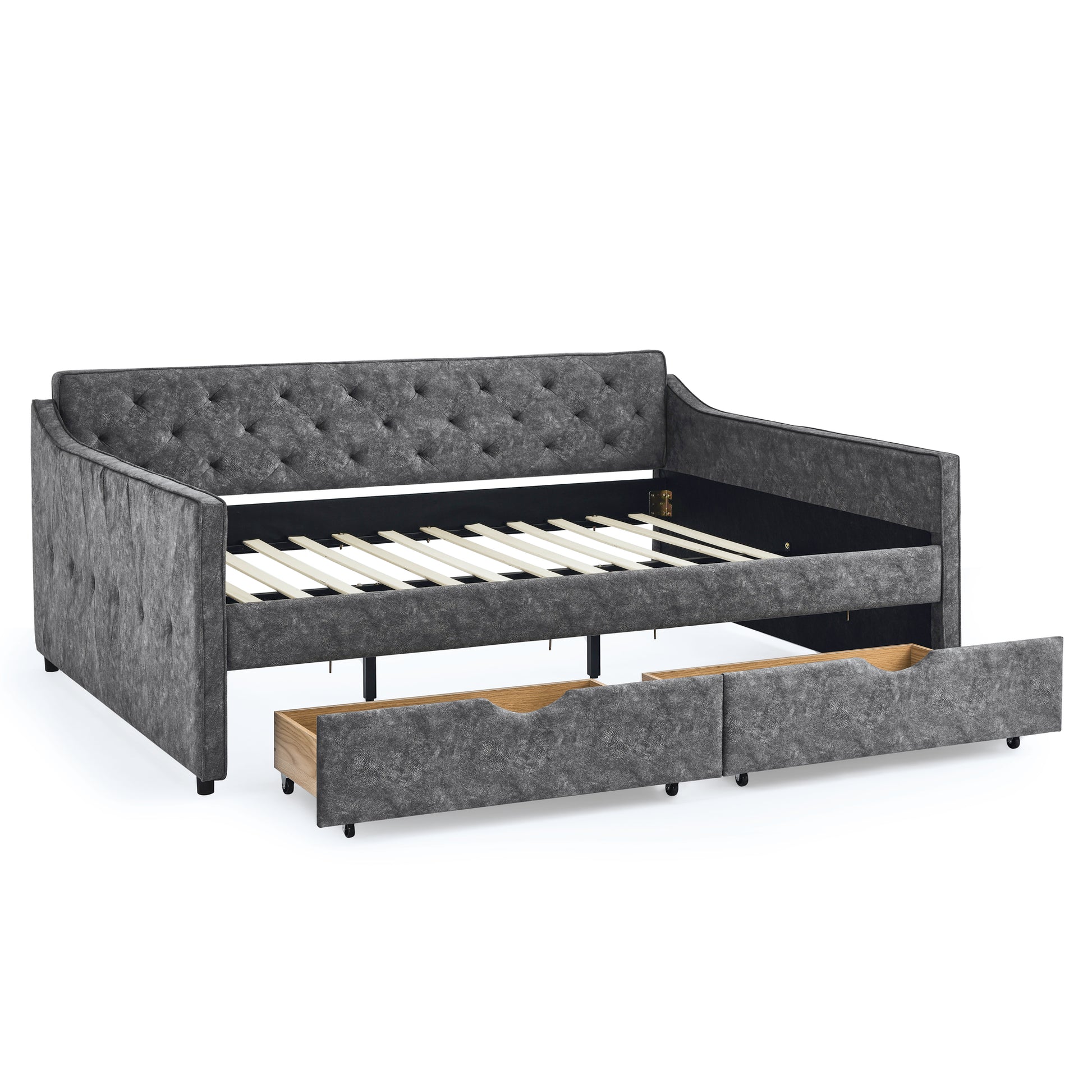 Queen Size Daybed With Drawers Upholstered Tufted Sofa Bed,With Button On Back On Waved Shape Arms Box Spring Not Required Queen Grey Wood Bedroom Eucalyptus Polyester Foam