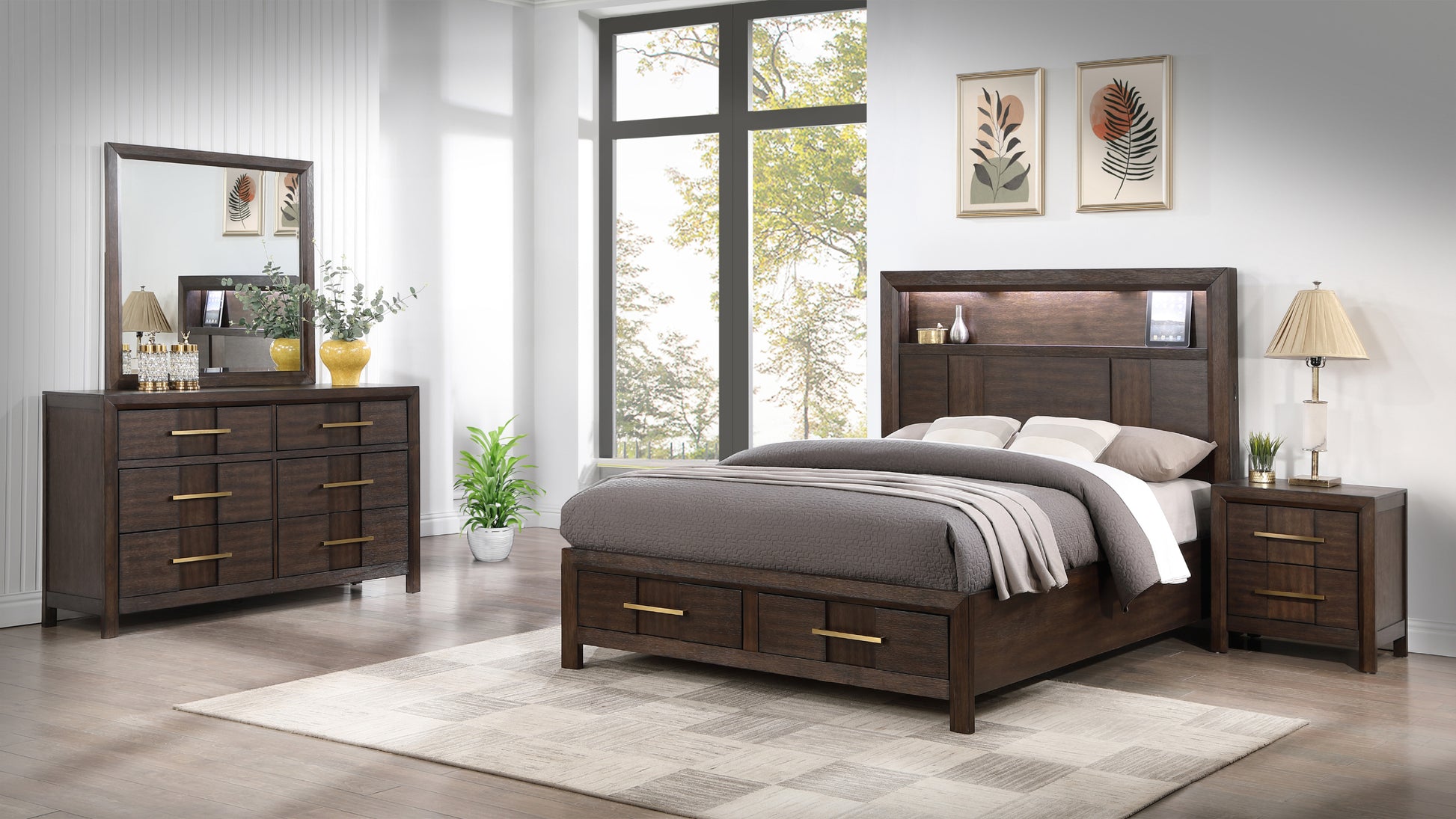 Kenzo Modern Style Full 4Pc Storage Bedroom Set Made With Wood, Led Headboard, Bluetooth Speakers & Usb Ports Walnut Box Spring Not Required Full Walnut Wood 4 Piece Set Bedroom Bed Included,Dresser Included,Mirror Included,Nightstand Included