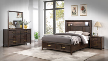 Kenzo Modern Style Full 4Pc Storage Bedroom Set Made With Wood, Led Headboard, Bluetooth Speakers & Usb Ports Walnut Box Spring Not Required Full Walnut Wood 4 Piece Set Bedroom Bed Included,Dresser Included,Mirror Included,Nightstand Included