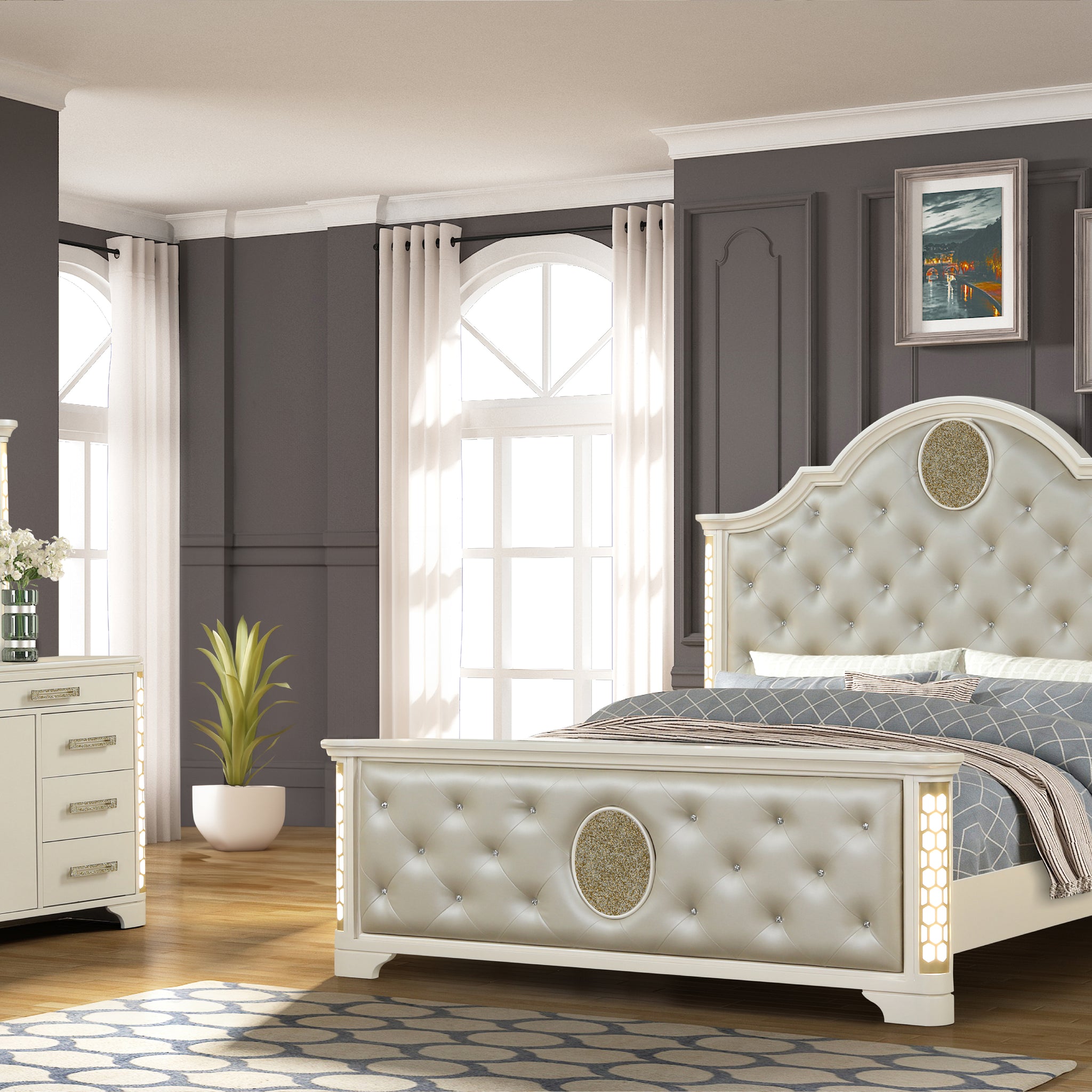 King 4 Pc Unique Led Bedroom Set Made With Wood In Beige Box Spring Required King Beige Wood 4 Piece Set Bedroom Bed Included,Dresser Included,Mirror Included,Nightstand Included Contemporary,Modern