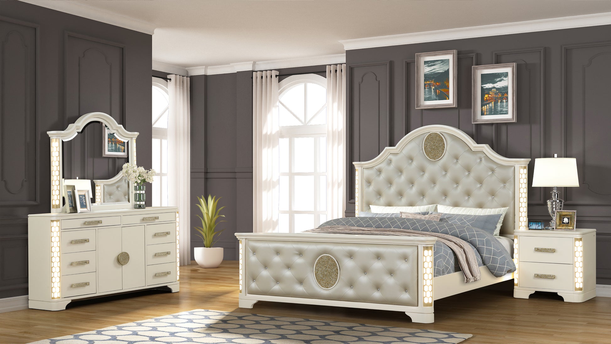 King 4 Pc Unique Led Bedroom Set Made With Wood In Beige Box Spring Required King Beige Wood 4 Piece Set Bedroom Bed Included,Dresser Included,Mirror Included,Nightstand Included Contemporary,Modern