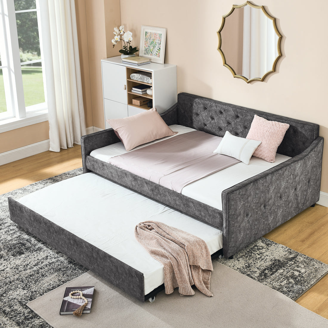 Full Size Daybed With Twin Size Trundle Upholstered Tufted Sofa Bed, Waved Shape Arms, Grey Box Spring Not Required Full Grey Wood Bedroom Eucalyptus Polyester Polyester