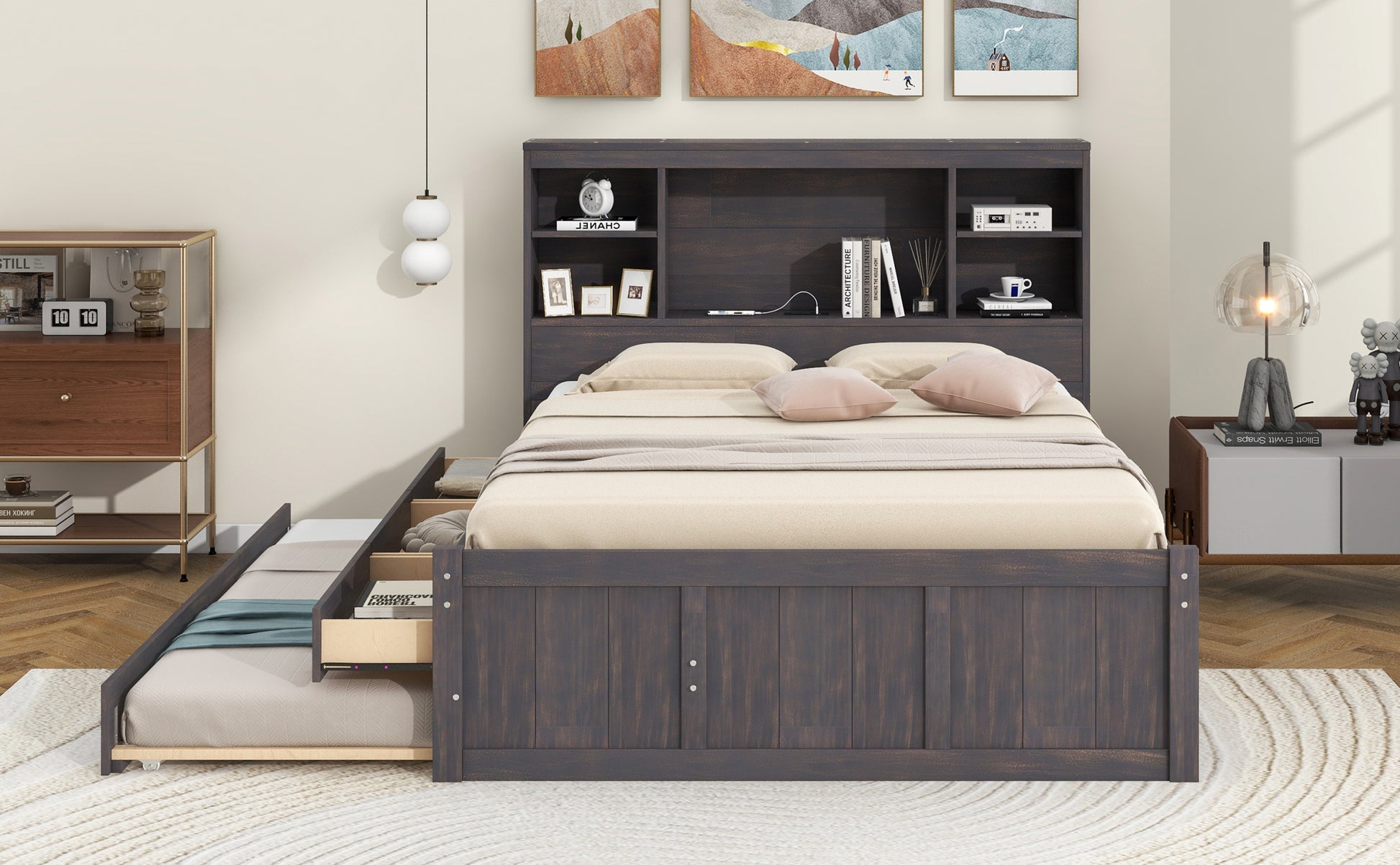 Full Size Platform Bed With Storage Headboard, Charging Station, Twin Size Trundle And 3 Drawers, Antique Brown Box Spring Not Required Twin Antique Brown Wood Bedroom Bed Frame Solid Wood Mdf