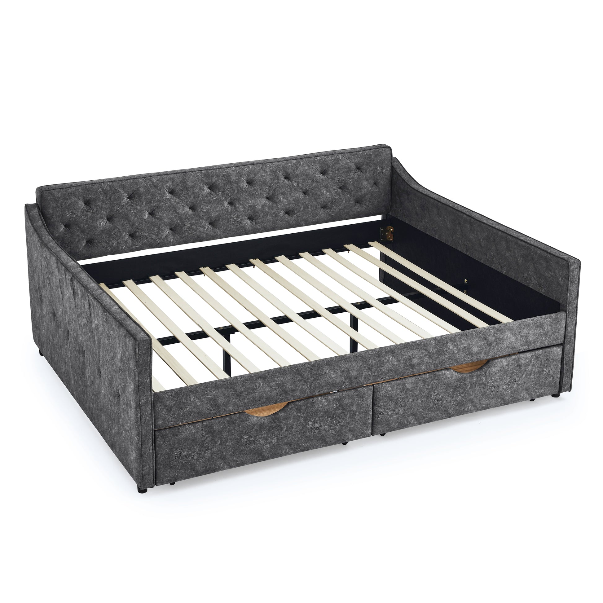 Queen Size Daybed With Drawers Upholstered Tufted Sofa Bed,With Button On Back On Waved Shape Arms Box Spring Not Required Queen Grey Wood Bedroom Eucalyptus Polyester Foam