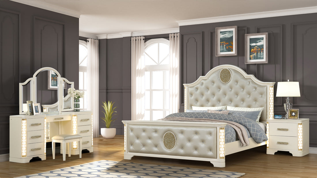 Queen 4 Pc Unique Led Vanity Bedroom Set Made With Wood In Beige Box Spring Required Queen Beige Wood 4 Piece Set Bedroom Modern Acacia Solid Wood Mdf Tufted Velvet Wood