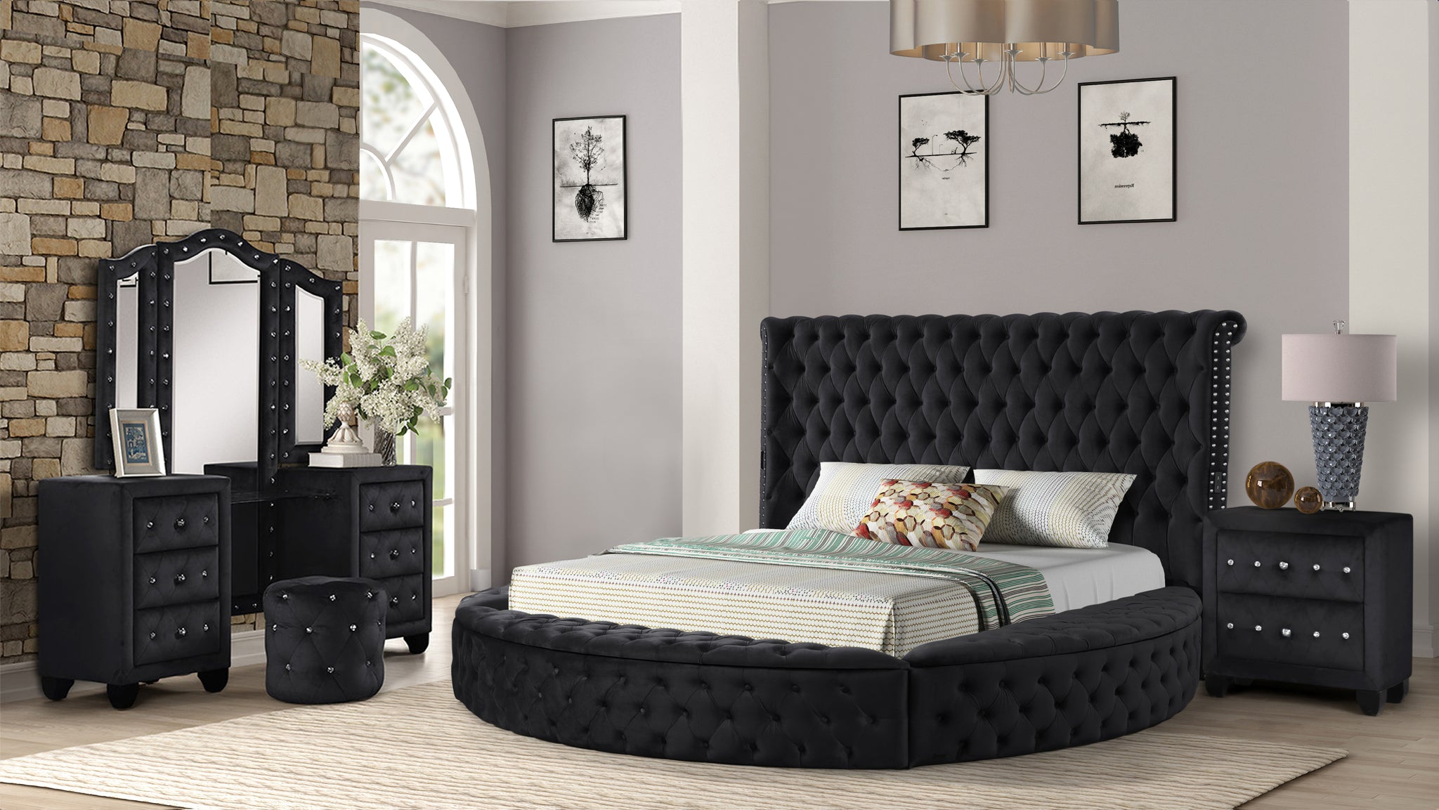 Hazel Queen 4 Pc Vanity Bedroom Set Made With Wood In Black Color Box Spring Not Required Queen Black Wood 4 Piece Set Bedroom Contemporary,Modern Solid Wood Mdf Velvet Tufted Wood