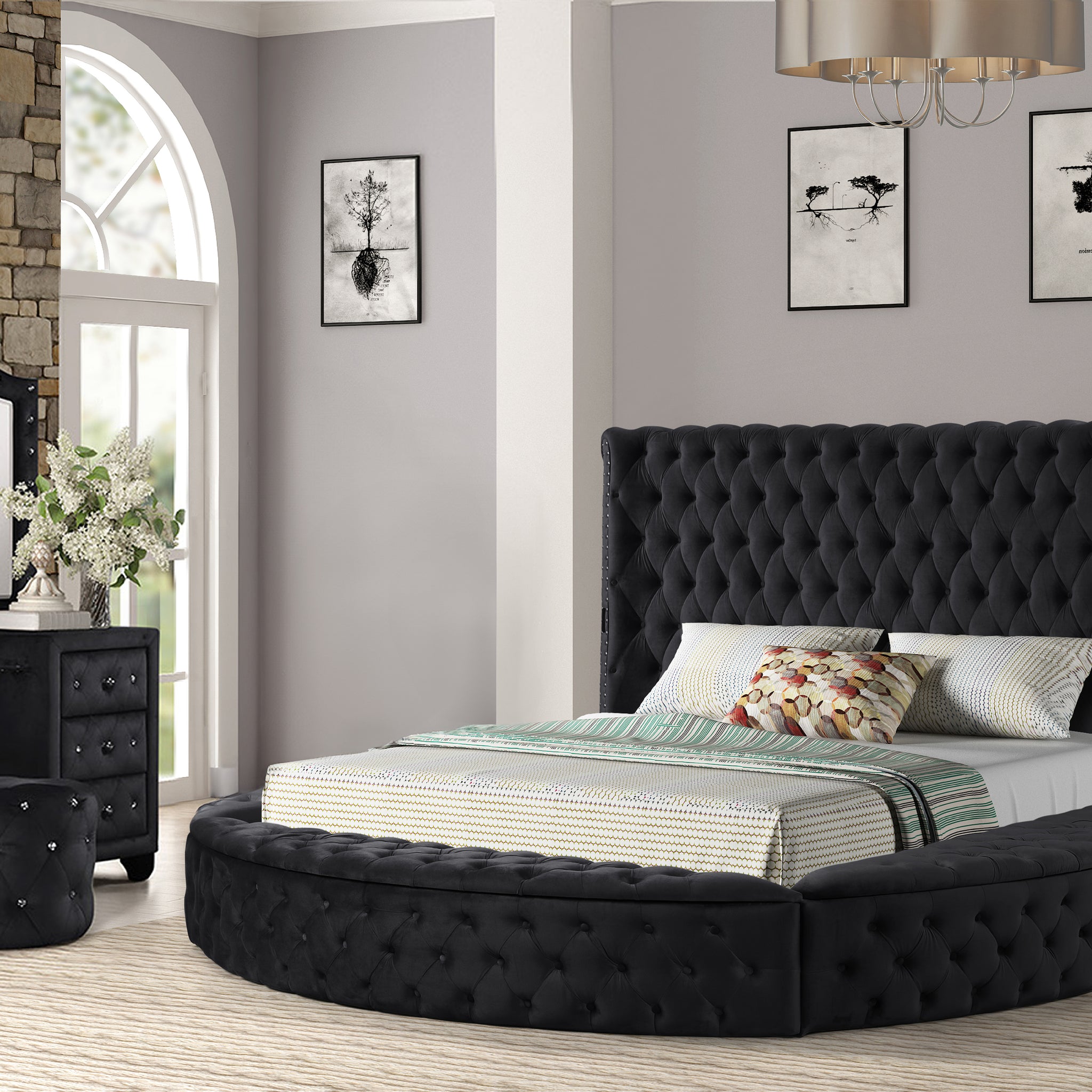 King 4 Pc Vanity Bedroom Set Made With Wood In Black Color Box Spring Not Required King Black Wood 4 Piece Set Bedroom Contemporary,Modern Solid Wood Mdf Velvet Tufted Wood