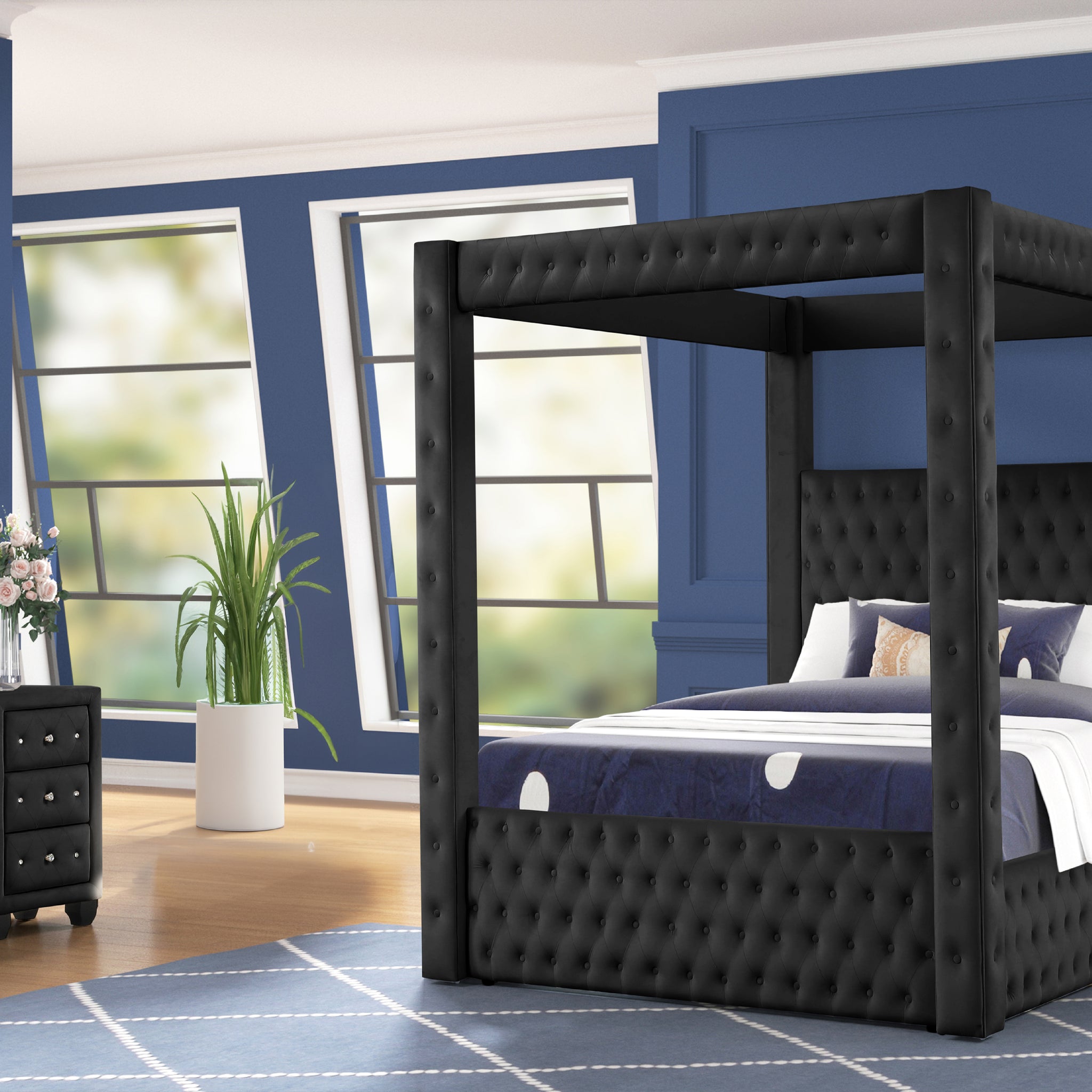 Luxurious Four Poster King 4 Pc Vanity Bedroom Set Made With Wood In Black Box Spring Not Required King Black Wood 4 Piece Set Bedroom Modern Upholstered Velvet Tufted Wood