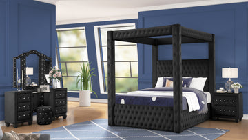 Luxurious Four Poster King 4 Pc Vanity Bedroom Set Made With Wood In Black Box Spring Not Required King Black Wood 4 Piece Set Bedroom Modern Upholstered Velvet Tufted Wood