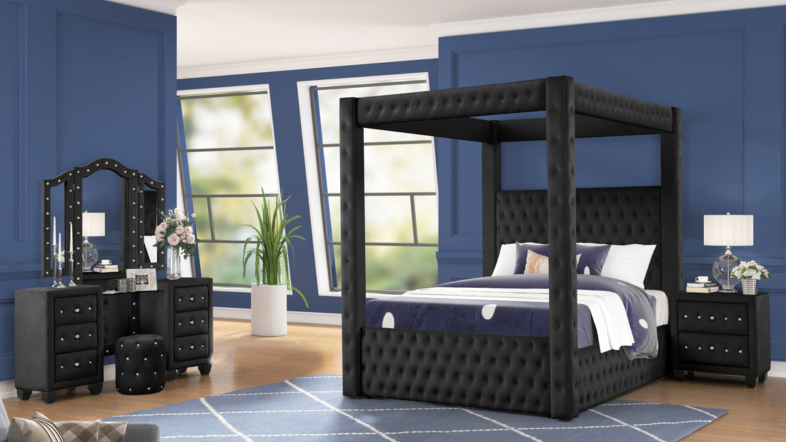 Luxurious Four Poster Queen 4 Pc Vanity Bedroom Set Made With Wood In Black Box Spring Not Required Queen Black Wood 4 Piece Set Bedroom Modern Upholstered Velvet Tufted Wood