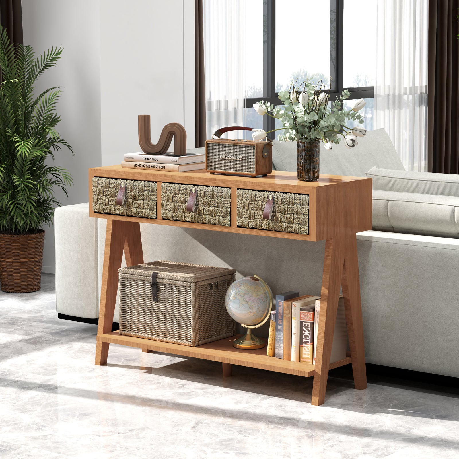 Mid Century Modern Console Table With Storage For Entryway, Multi Functional Entryway Table With 3 Drawers,Sofa Table Behind Couch With Open Storage Shelf For Living Room And Foyers Brown Oak Brown Soft Close Drawers Triangular Primary Living Space Mid