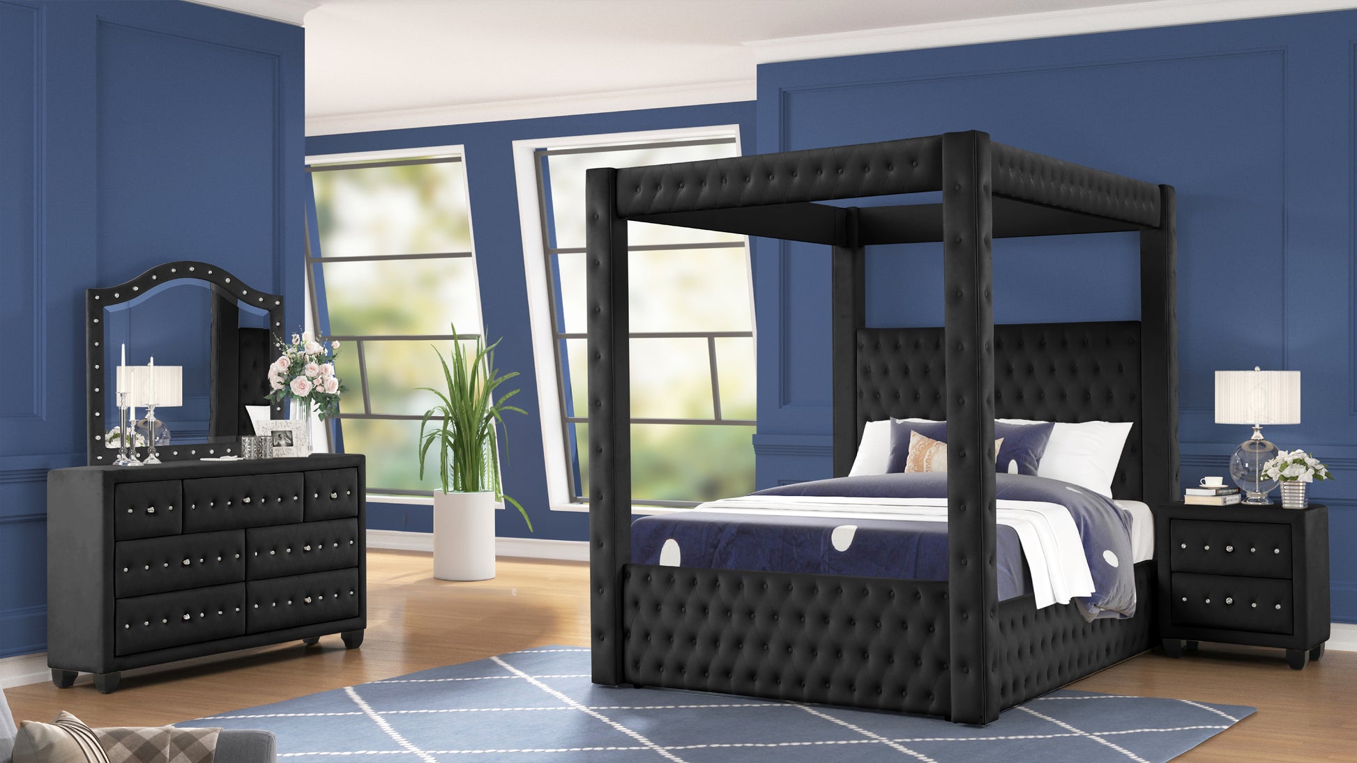 Luxurious Four Poster King 4 Pc Bedroom Set Made With Wood In Black Box Spring Not Required King Black Wood 4 Piece Set Bedroom Modern Upholstered Velvet Tufted Wood