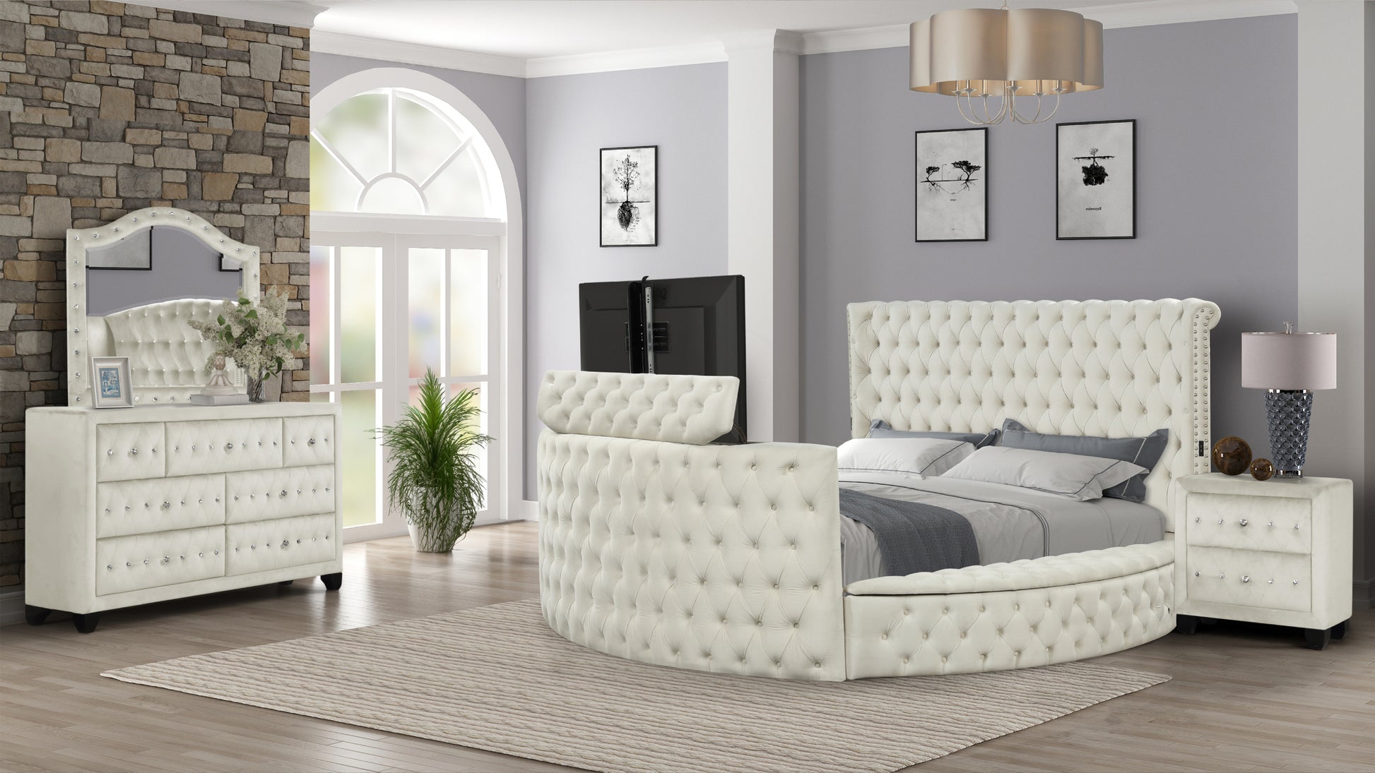 Maya Modern Style Crystal Tufted King 4Pc Bed Room Set Made With Wood In Cream Box Spring Not Required King Cream Wood 4 Piece Set Bedroom Bed Included,Dresser Included,Mirror Included,Nightstand Included Contemporary,Modern Upholstered Velvet Tufted