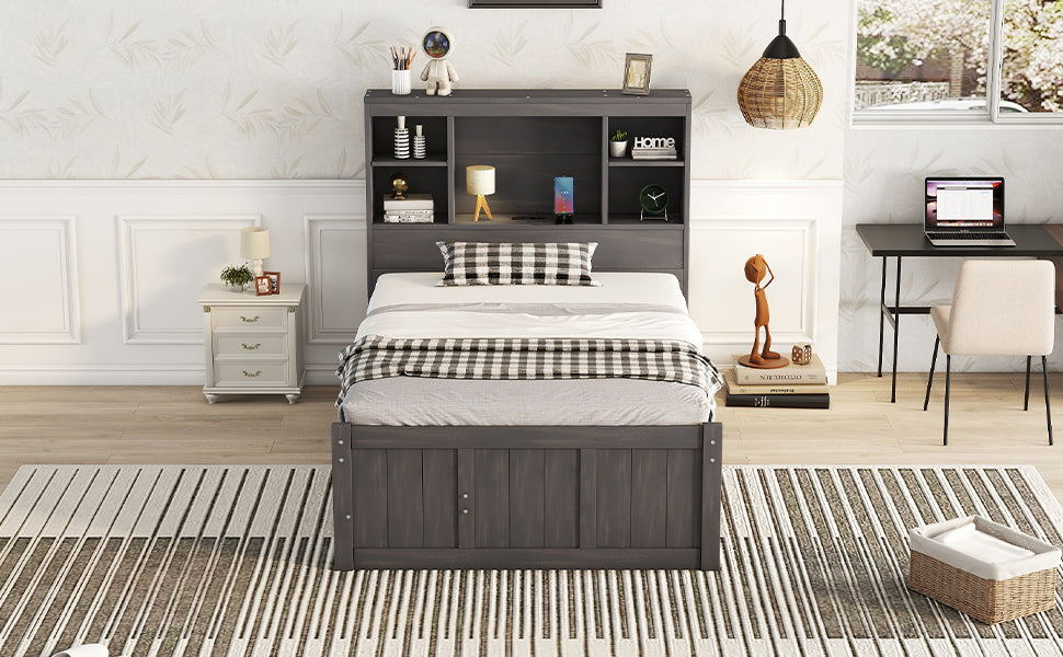 Twin Size Platform Bed With Storage Headboard, Charging Station, Twin Size Trundle And 3 Drawers, Antique Brown Box Spring Not Required Twin Antique Brown Wood Bedroom Bed Frame Solid Wood Mdf