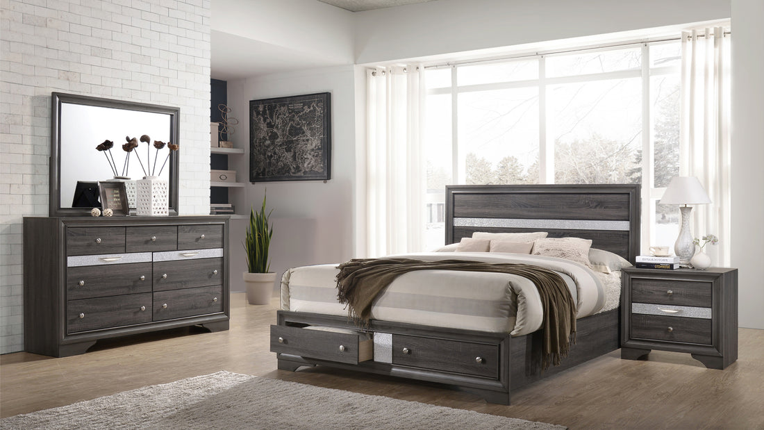 Matrix Traditional Queen 4 Piece Storage Bedroom Set Made With Wood In Gray Box Spring Not Required Queen Grey Wood 4 Piece Set Bedroom Bed Included,Dresser Included,Mirror Included,Nightstand Included Traditional Solid Wood Mdf Tufted Wood