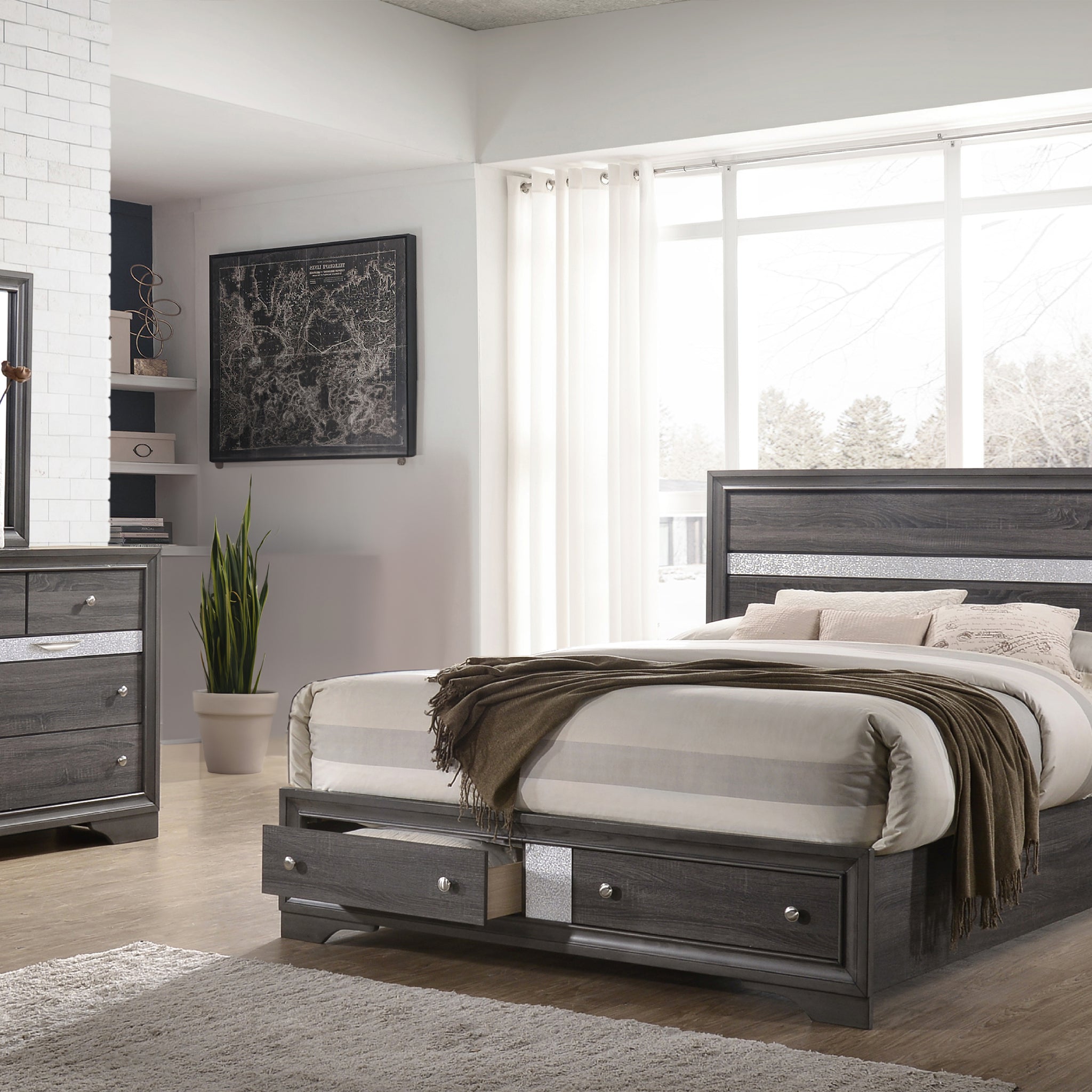 Traditional Style King 4 Piece Storage Bedroom Set Made With Wood In Gray Box Spring Not Required King Grey Wood 4 Piece Set Bedroom Bed Included,Dresser Included,Mirror Included,Nightstand Included