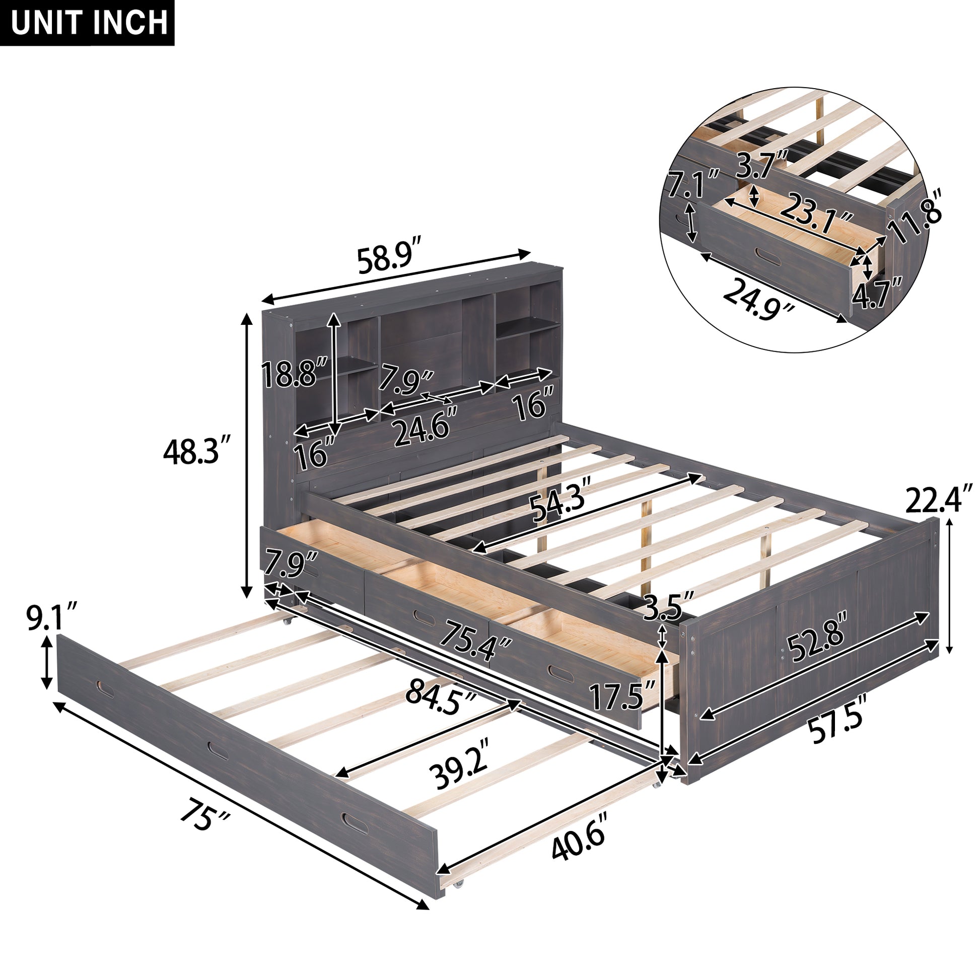 Full Size Platform Bed With Storage Headboard, Charging Station, Twin Size Trundle And 3 Drawers, Antique Brown Box Spring Not Required Twin Antique Brown Wood Bedroom Bed Frame Solid Wood Mdf