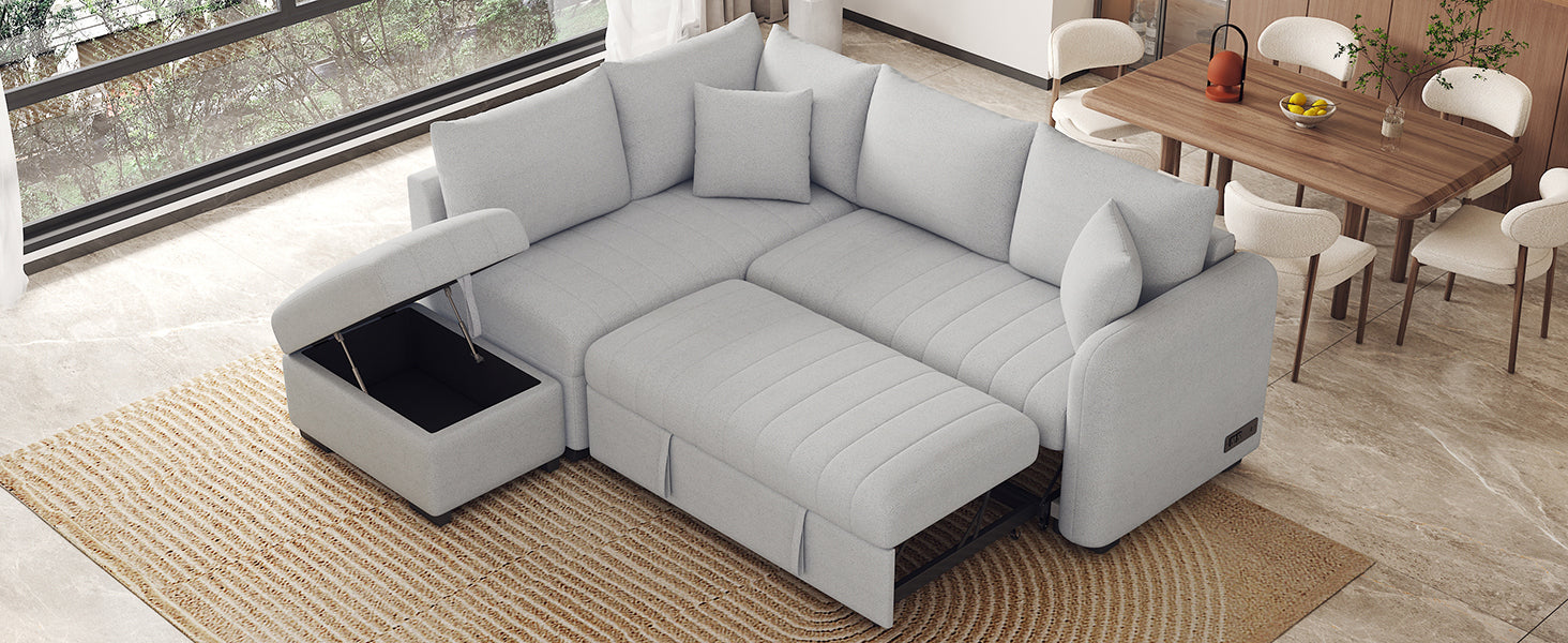 82.6" L Shaped Sectional Pull Out Sofa Bed Sleeper Sofa With Two Usb Ports, Two Power Sockets And A Movable Storage Ottoman, Gray Gray Foam Polyester