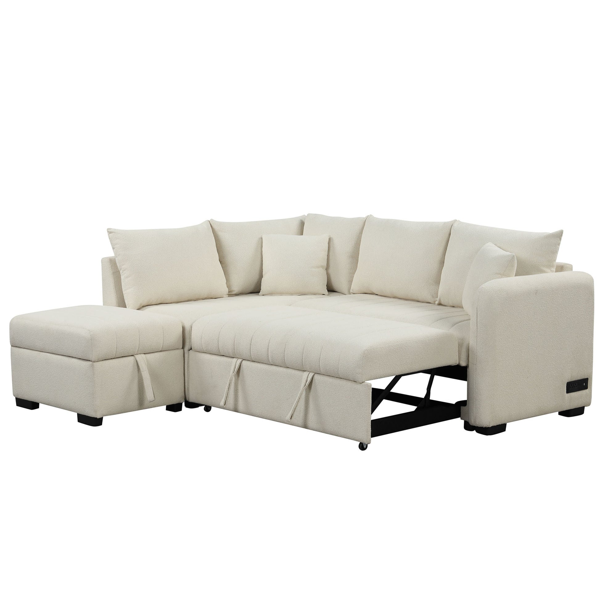 82.6" L Shaped Sectional Pull Out Sofa Bed Sleeper Sofa With Two Usb Ports, Two Power Sockets And A Movable Storage Ottoman, Beige Beige Foam Polyester