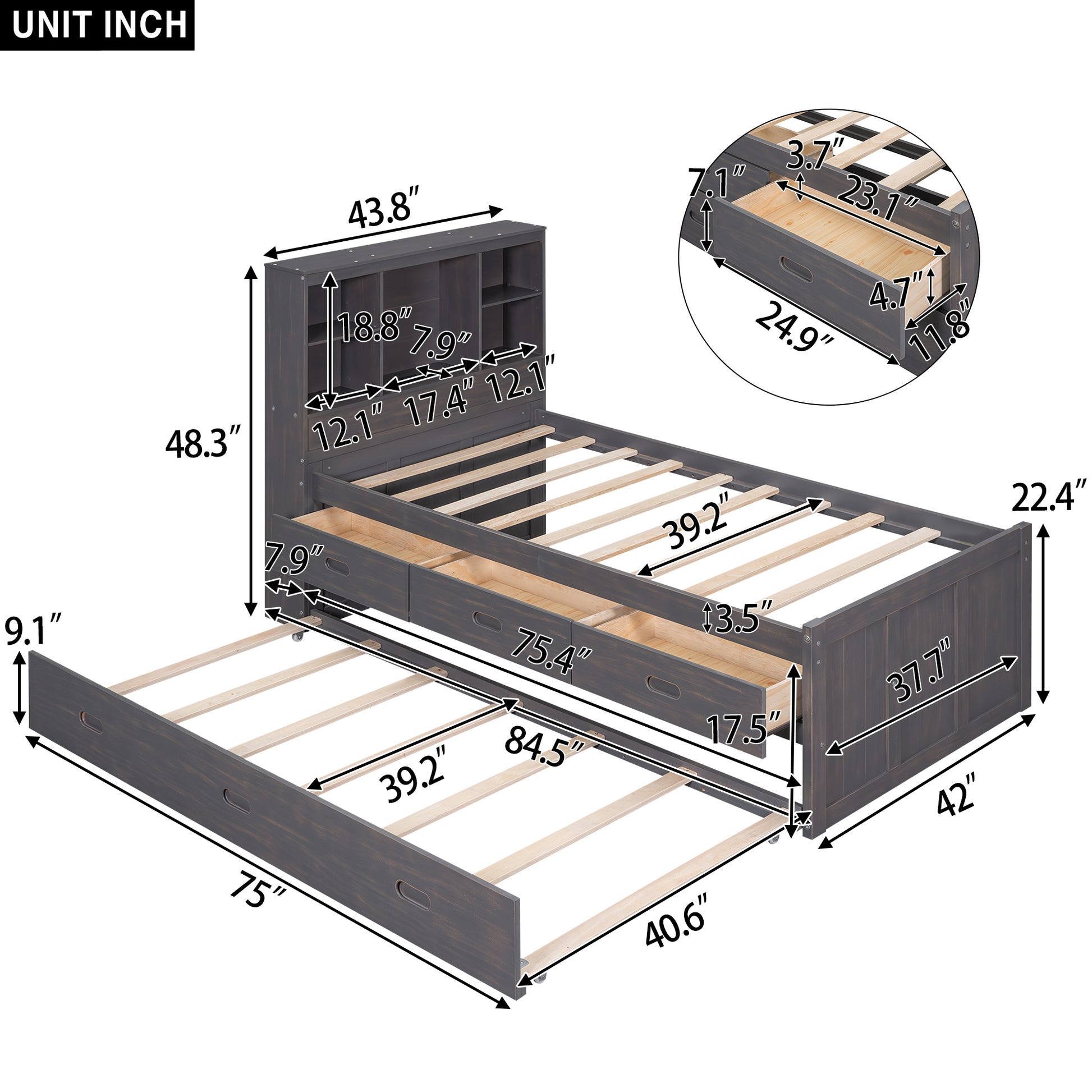 Twin Size Platform Bed With Storage Headboard, Charging Station, Twin Size Trundle And 3 Drawers, Antique Brown Box Spring Not Required Twin Antique Brown Wood Bedroom Bed Frame Solid Wood Mdf